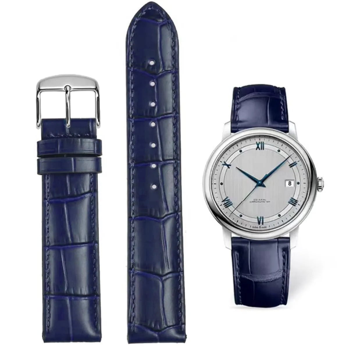 FOUUA Cinturino Orologio in Pelle Italiana Grana Alligatore 16mm Blu-Argento - immagine 1