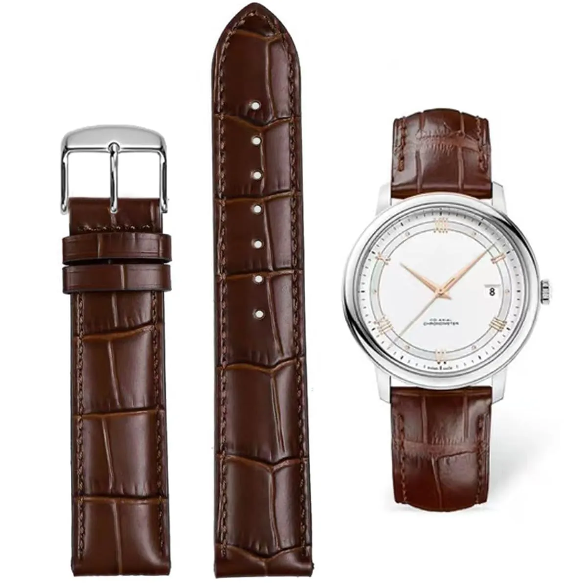FOUUA Cinturino per Orologio in Pelle Italiana Grana Alligatore 21mm Marrone-Argento - immagine 1