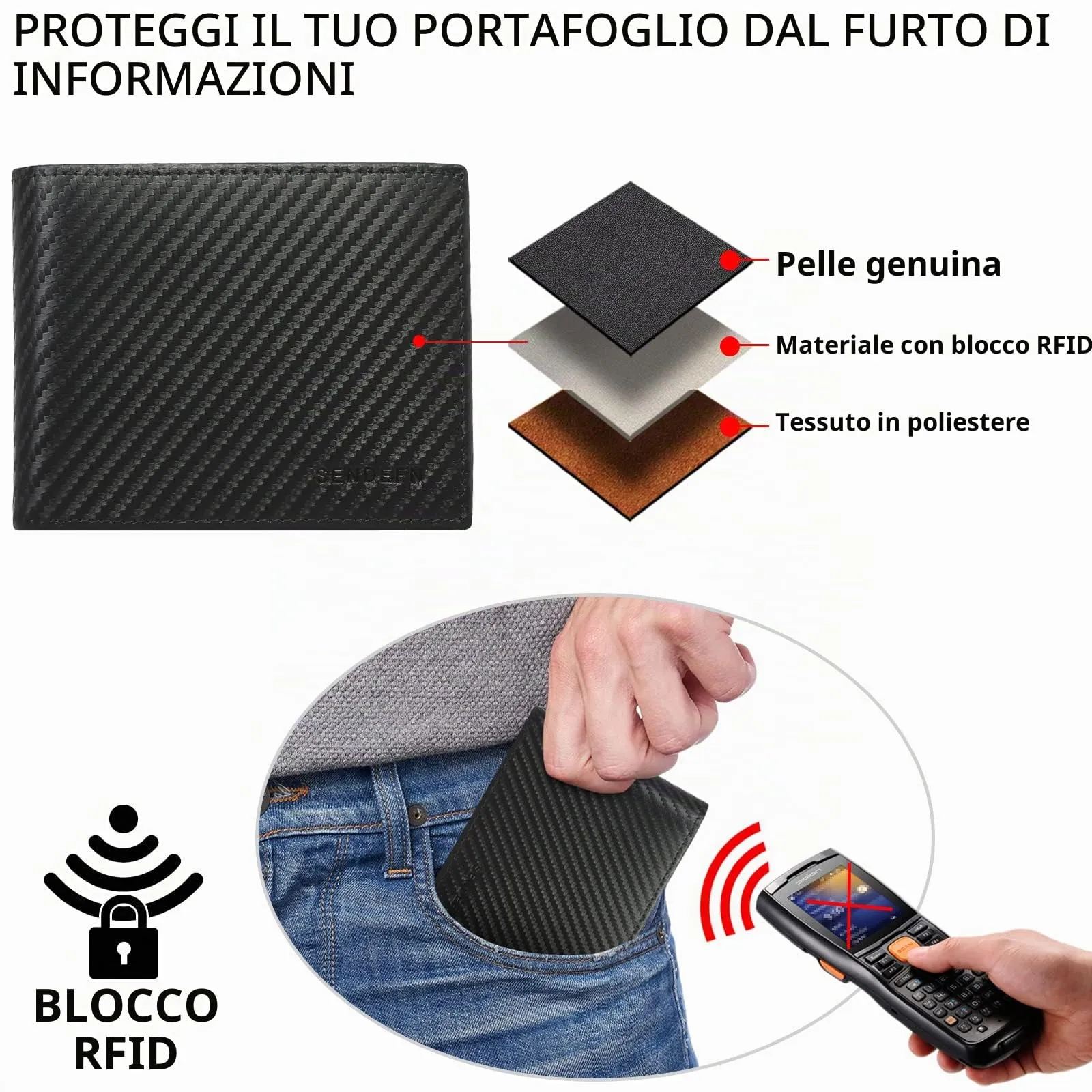 SENDEFN Portafoglio Uomo Bifold in Vera Pelle con Blocco RFID, 10 Porta Carte di Credito, 2 Scomparti Banconote e Tasca Portamonete - immagine 3
