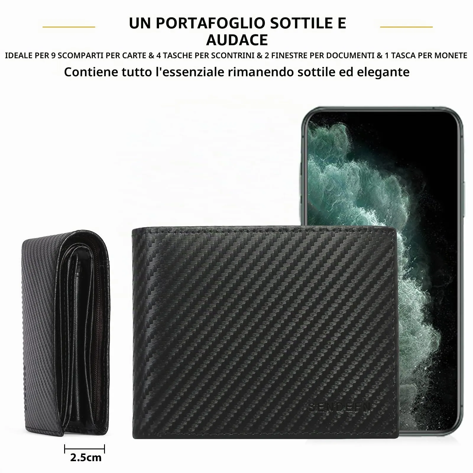 SENDEFN Portafoglio Uomo Bifold in Vera Pelle con Blocco RFID, 10 Porta Carte di Credito, 2 Scomparti Banconote e Tasca Portamonete - immagine 8