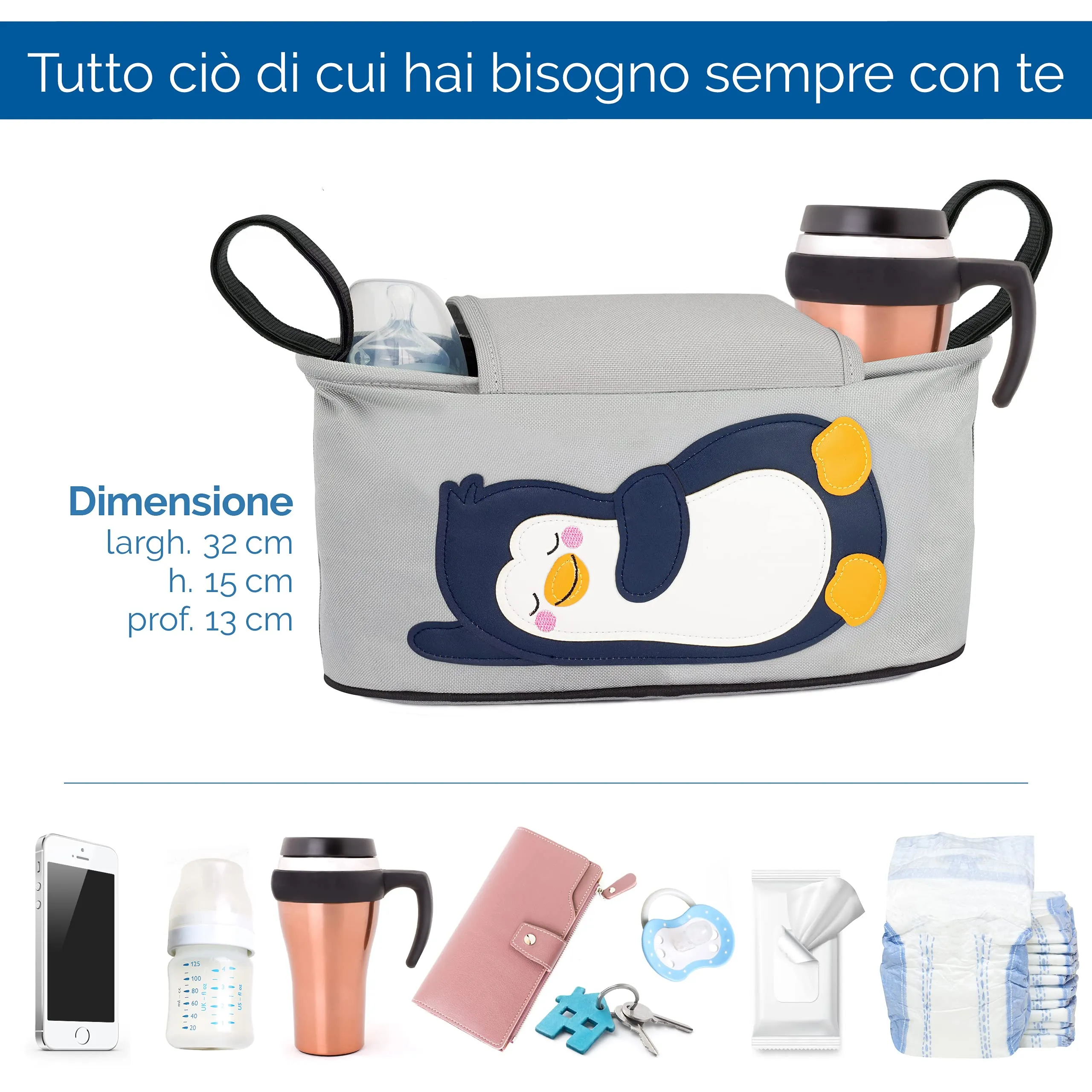 GLÜCKSWOLKE Borsa Organizer per Passeggino con Dispenser per Salviette, Motivo Pinguino Grigio - immagine 3