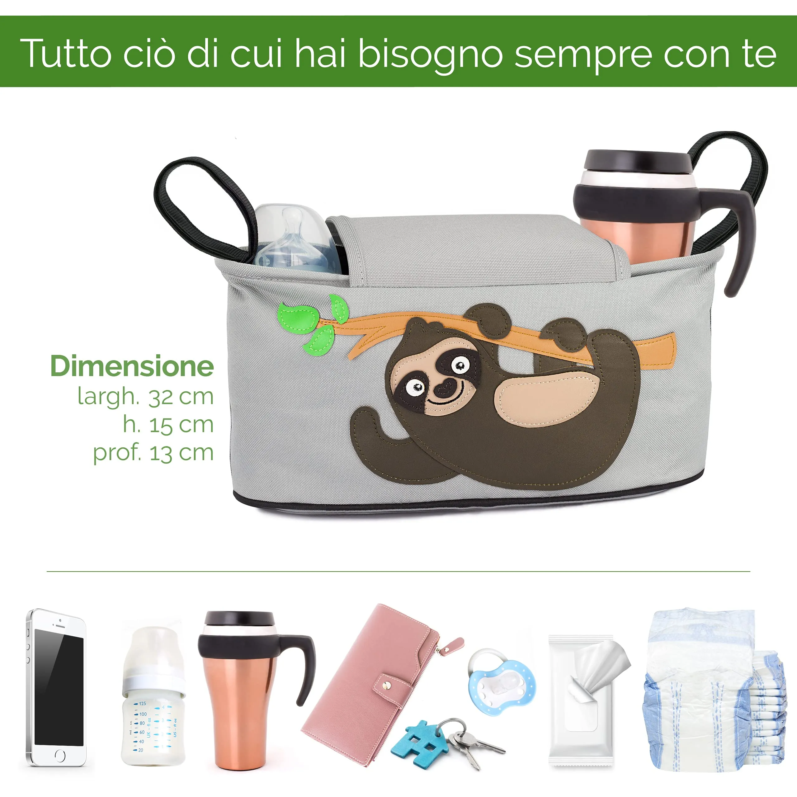 GLÜCKSWOLKE Borsa Passeggino Organizer Universale con Dispenser per Salviette, Motivo Bradipo Grigio - immagine 3