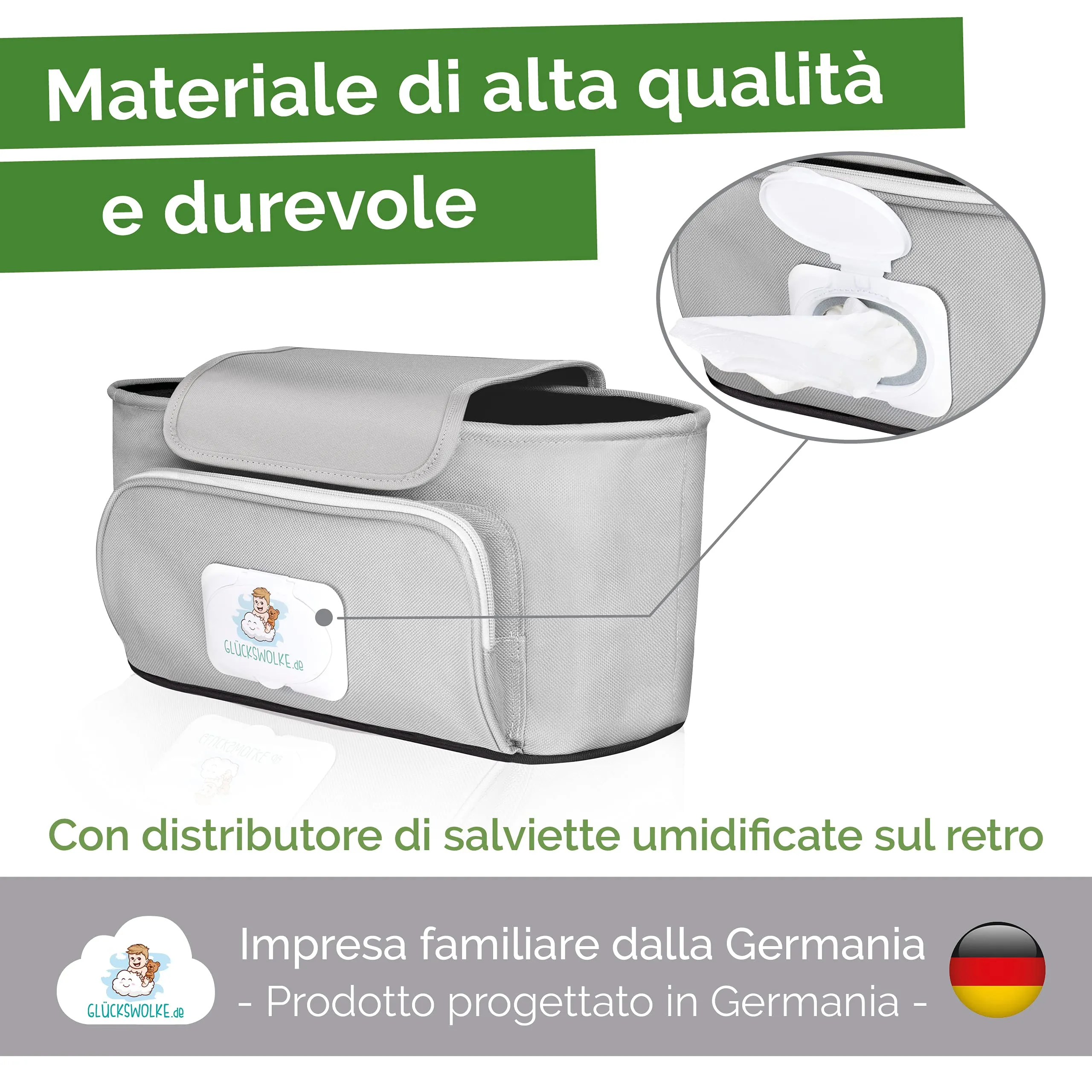 GLÜCKSWOLKE Borsa Passeggino Organizer Universale con Dispenser per Salviette, Motivo Bradipo Grigio - immagine 6