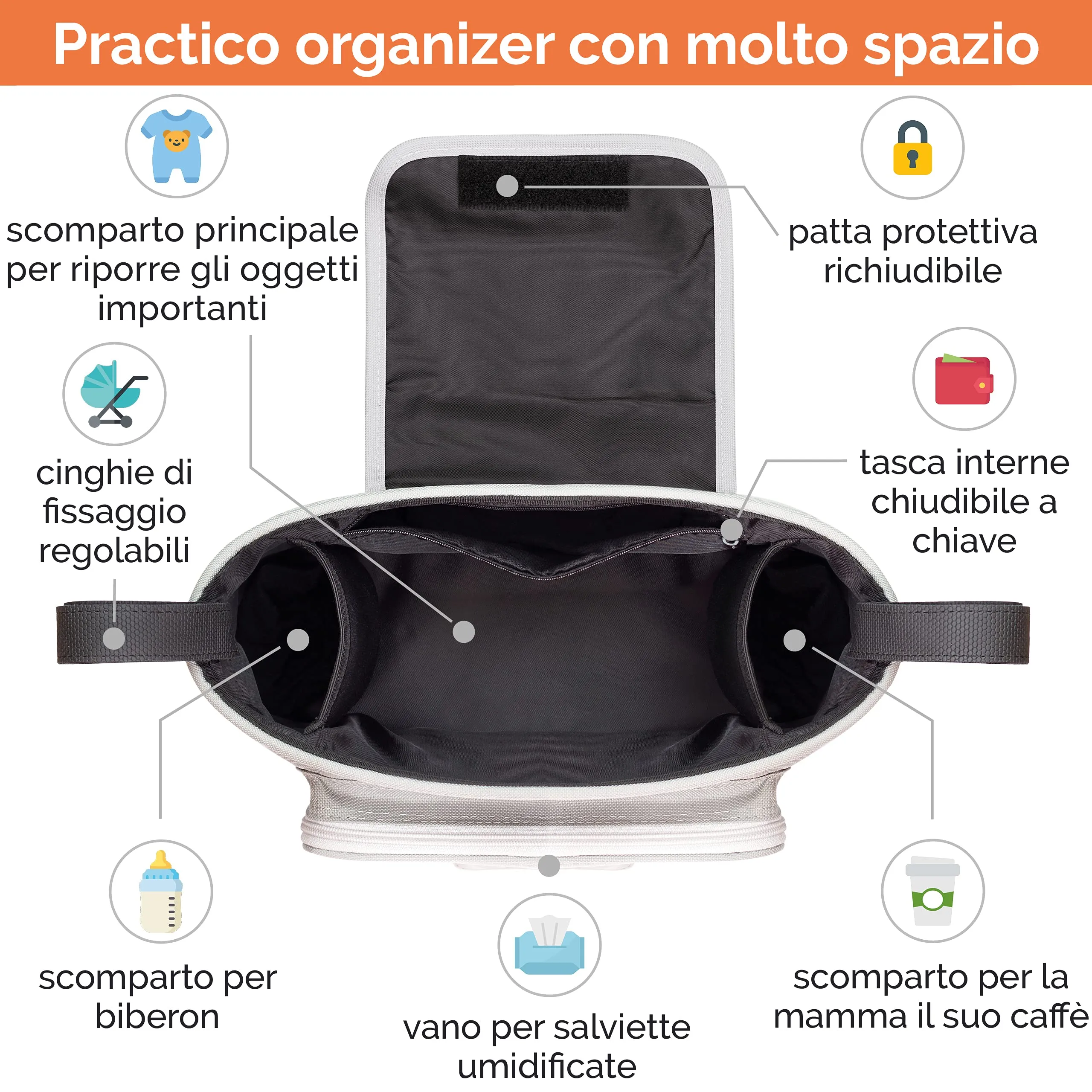 GLÜCKSWOLKE Borsa Organizer per Passeggino Universale con Dispenser per Salviette, Motivo Volpe Grigio - immagine 2