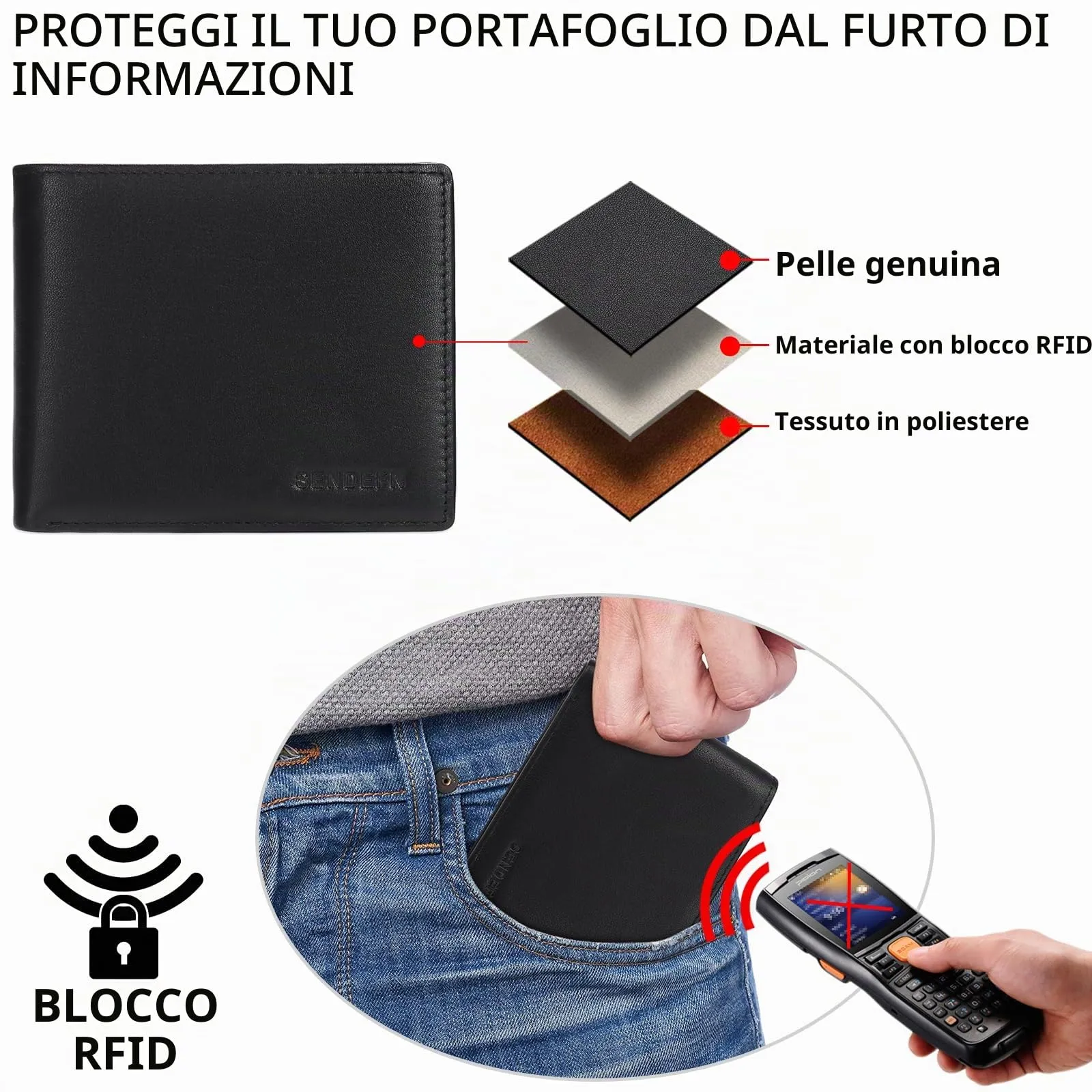 SENDEFN Portafoglio Uomo Bifold in Vera Pelle con Blocco RFID, 10 Porta Carte di Credito, 2 Scomparti Banconote e Tasca Portamonete - immagine 3