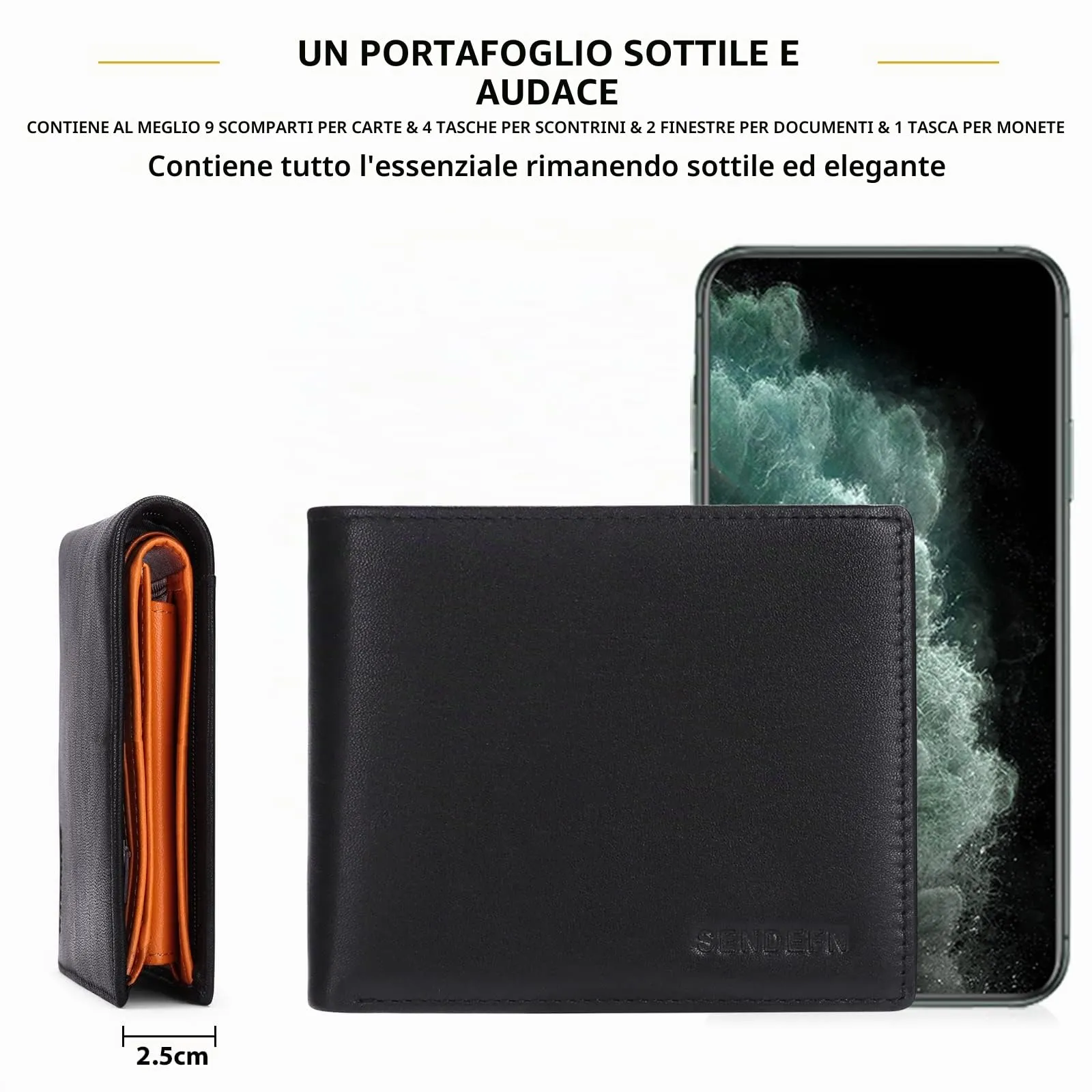 SENDEFN Portafoglio Uomo Bifold in Vera Pelle con Blocco RFID, 10 Porta Carte di Credito, 2 Scomparti Banconote e Tasca Portamonete - immagine 8