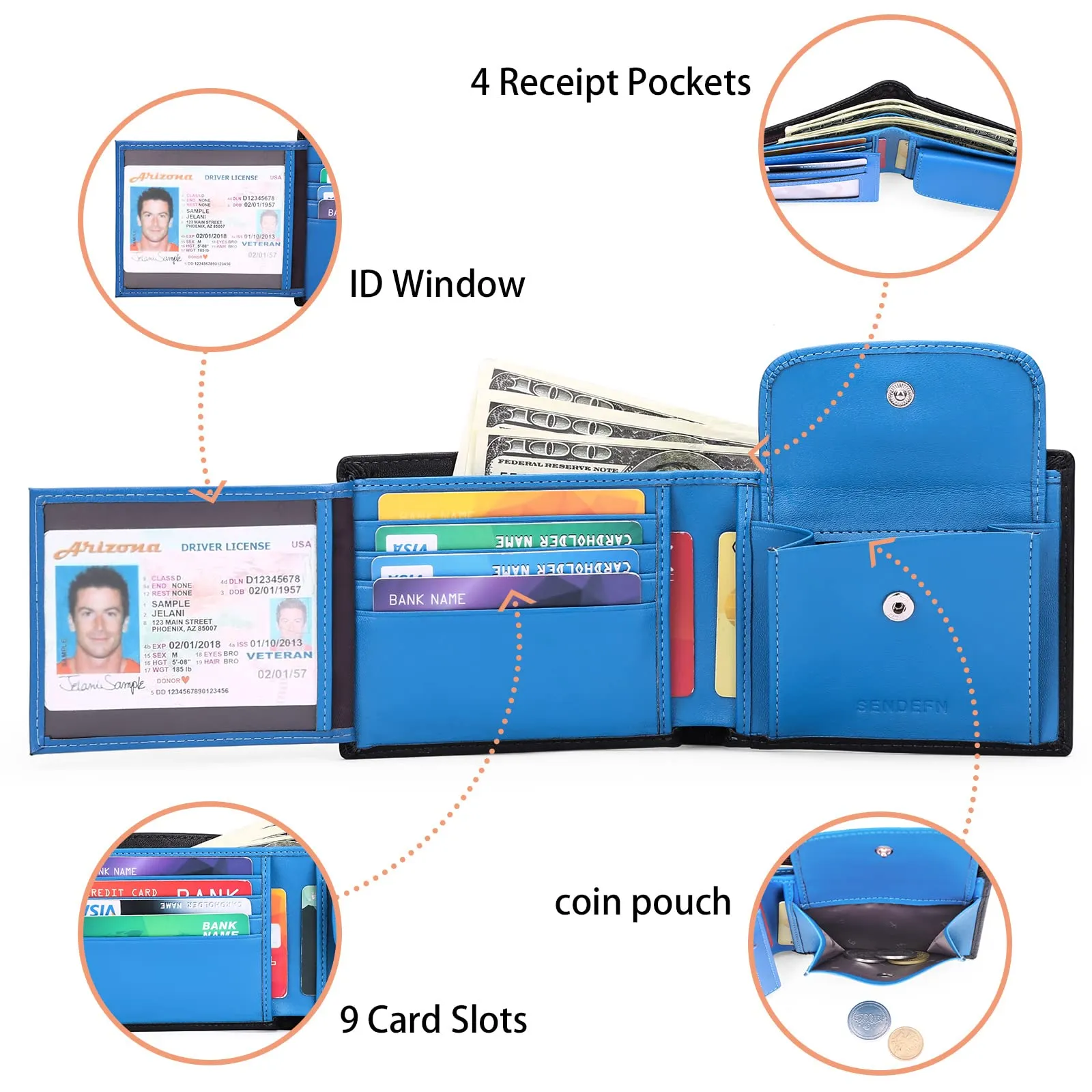 SENDEFN Portafoglio Uomo Bifold in Vera Pelle con Blocco RFID, 10 Porta Carte, 2 Scomparti Banconote e Tasca Portamonete - immagine 2