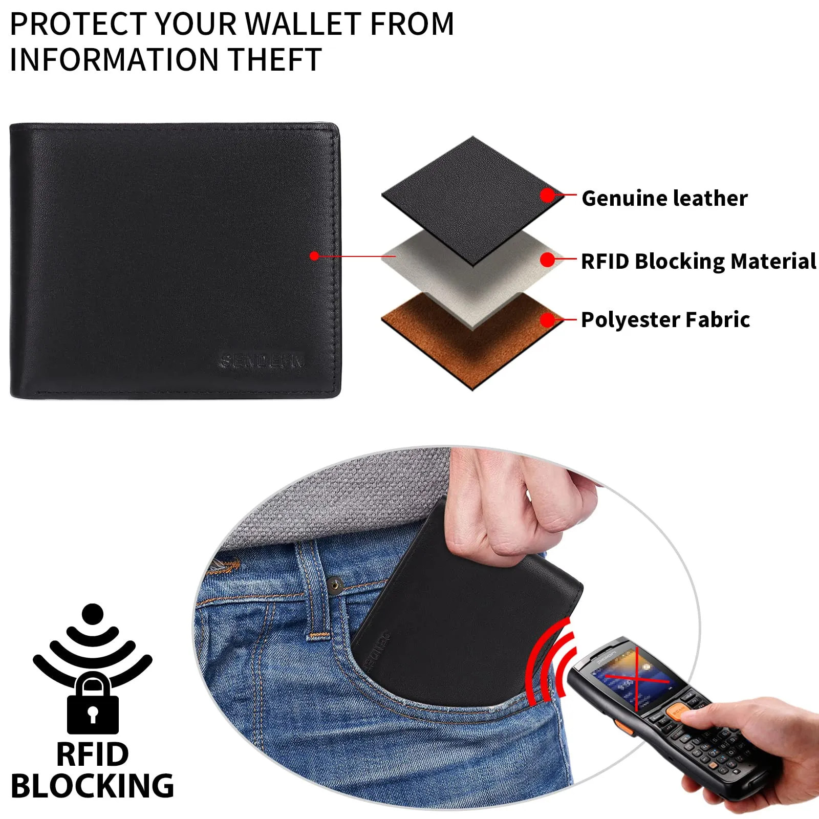 SENDEFN Portafoglio Uomo Bifold in Vera Pelle con Blocco RFID, 10 Porta Carte, 2 Scomparti Banconote e Tasca Portamonete - immagine 3