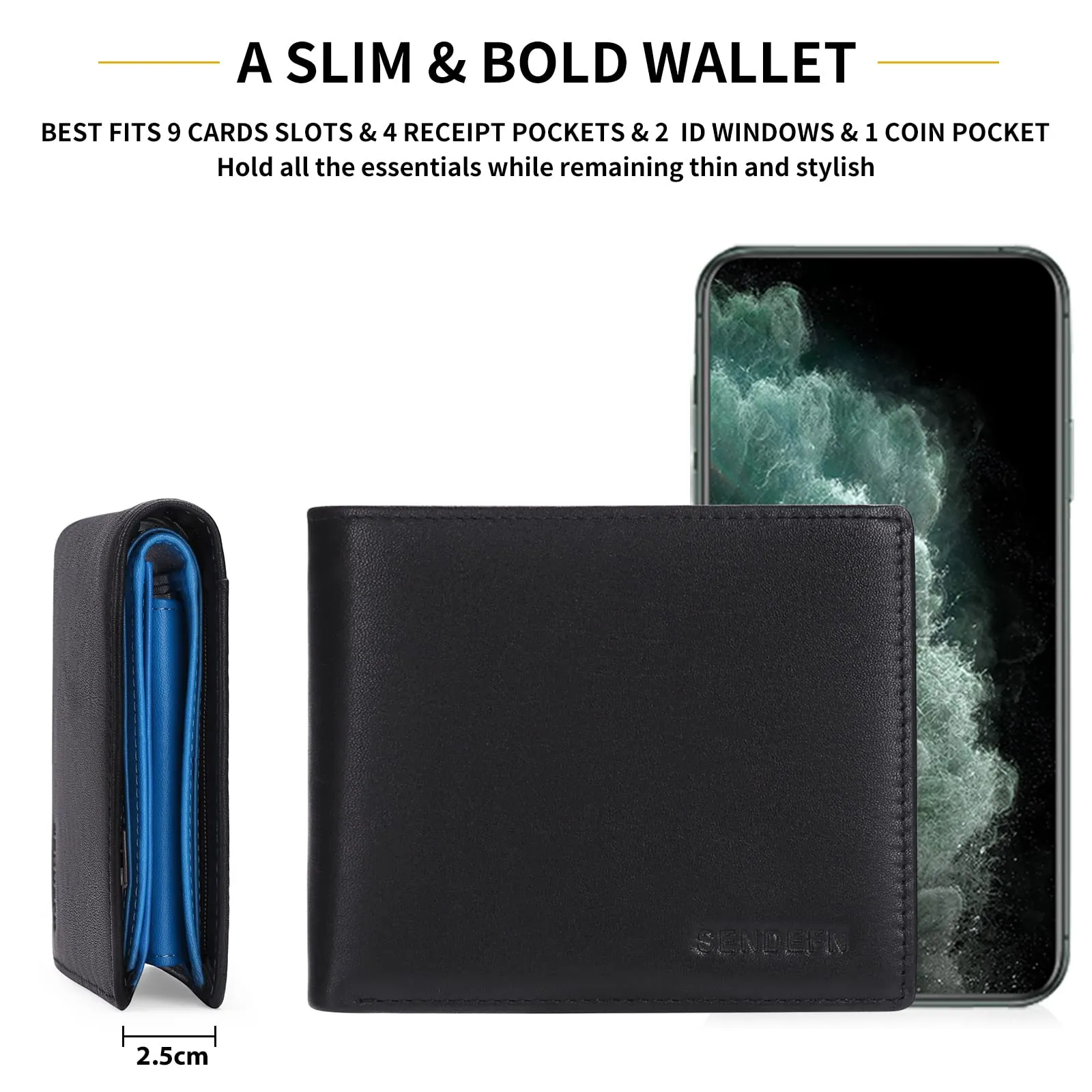 SENDEFN Portafoglio Uomo Bifold in Vera Pelle con Blocco RFID, 10 Porta Carte, 2 Scomparti Banconote e Tasca Portamonete - immagine 4