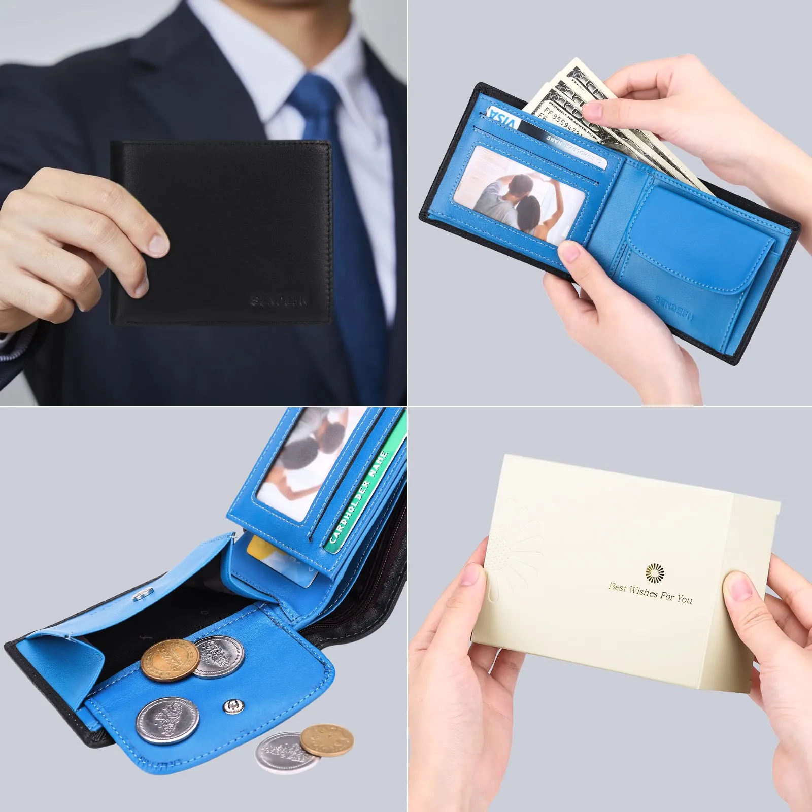 SENDEFN Portafoglio Uomo Bifold in Vera Pelle con Blocco RFID, 10 Porta Carte, 2 Scomparti Banconote e Tasca Portamonete - immagine 6