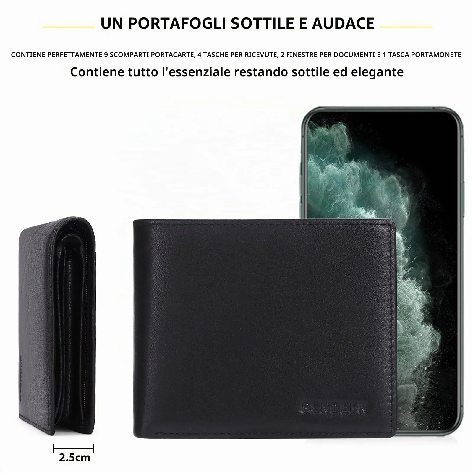 SENDEFN Portafoglio Uomo Bifold in Pelle, Protezione RFID, 10 Porta Carte, 2 Scomparti Banconote e Tasca Portamonete - immagine 4