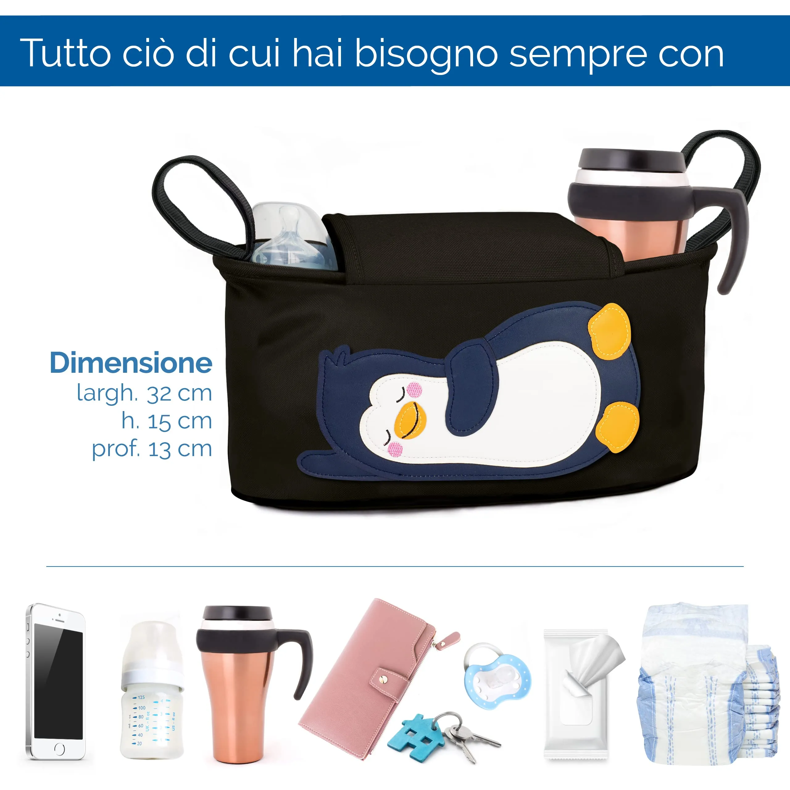 GLÜCKSWOLKE Borsa Organizer per Passeggino con Dispenser per Salviette, Motivo Pinguino, Nero - immagine 3