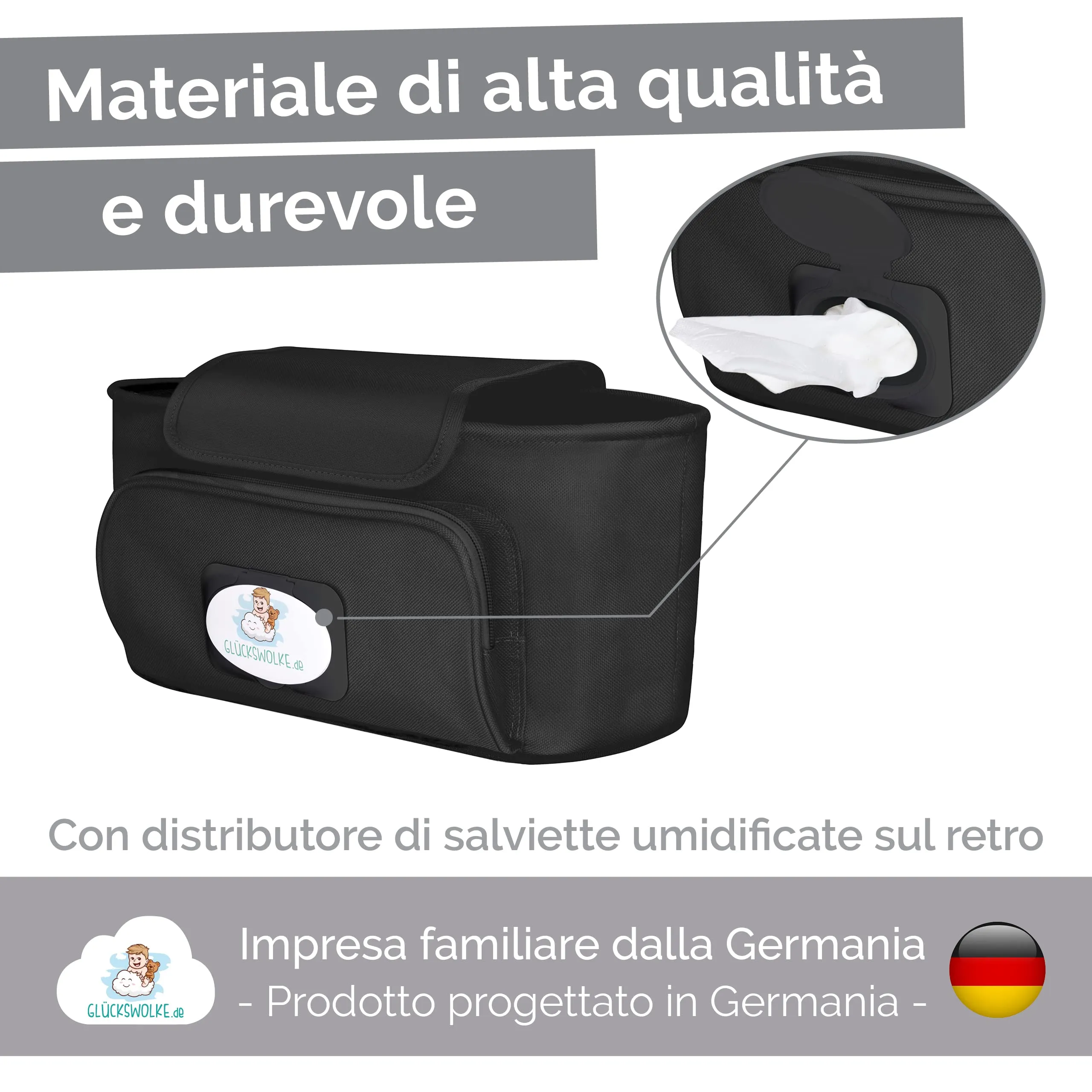 GLÜCKSWOLKE Borsa Organizer per Passeggino con Dispenser per Salviette, Motivo Elefante, Nero - immagine 6