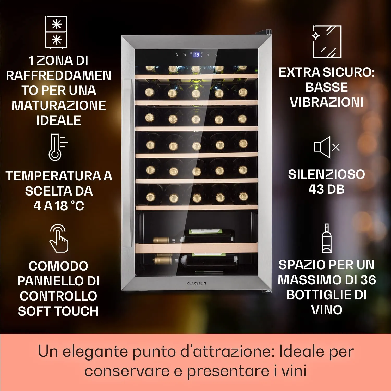 Klarstein Cantinetta Vino a Zona Singola, 4-18°C, 36 Bottiglie - immagine 2