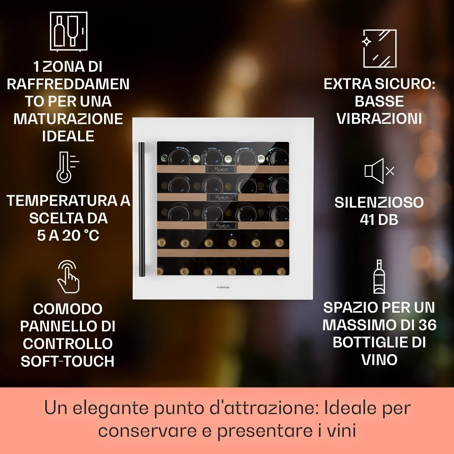 Klarstein Cantinetta Vino a Zona Singola, 92L, 36 Bottiglie, Touch Control 5-20°C - immagine 2