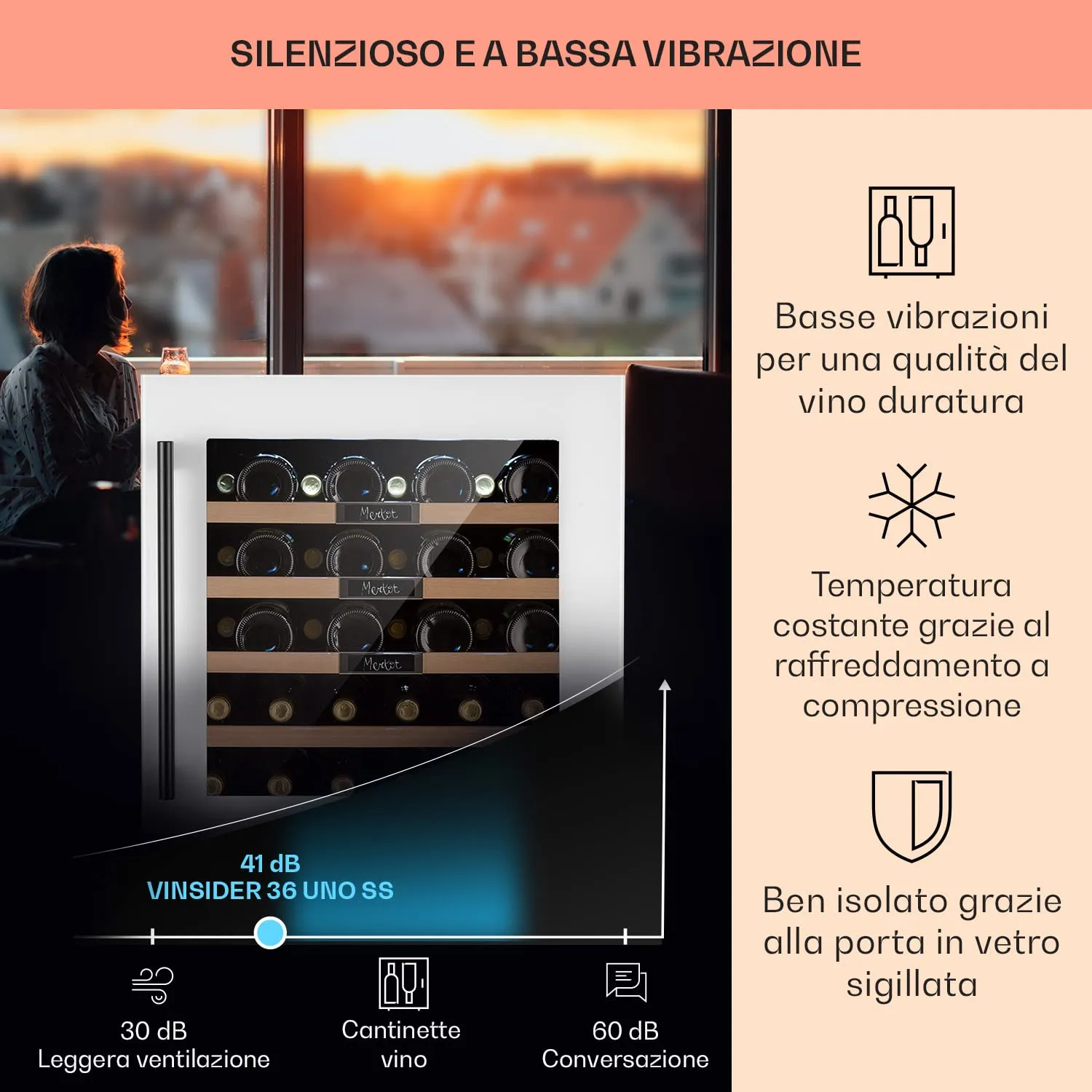 Klarstein Cantinetta Vino a Zona Singola, 92L, 36 Bottiglie, Touch Control 5-20°C - immagine 4