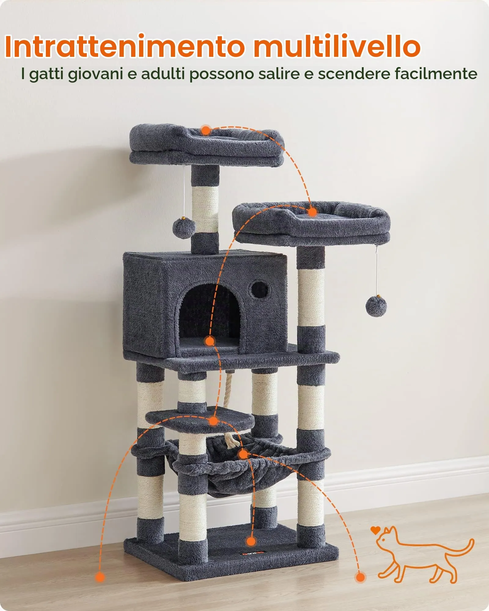 Feandrea Albero per Gatti 112 cm, Tiragraffi con 11 Pali, 2 Posatoi, 1 Grotta, 1 Amaca, Grigio Fumo PCT215G01 - immagine 3