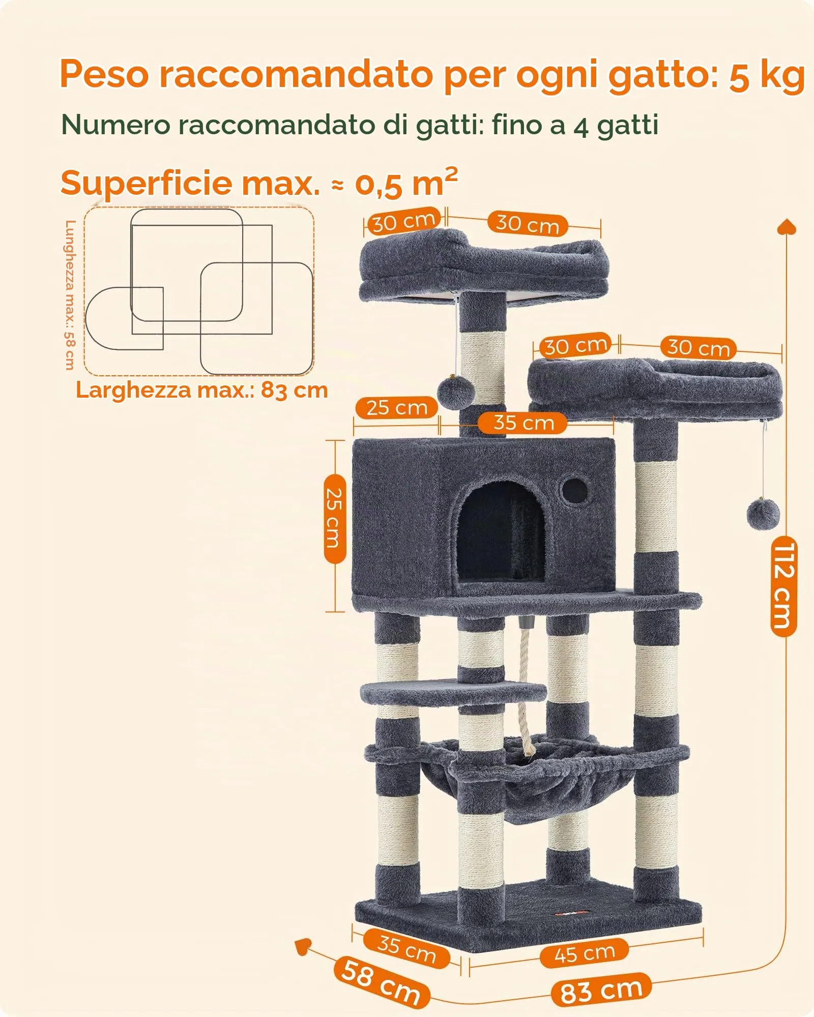 Feandrea Albero per Gatti 112 cm, Tiragraffi con 11 Pali, 2 Posatoi, 1 Grotta, 1 Amaca, Grigio Fumo PCT215G01 - immagine 4