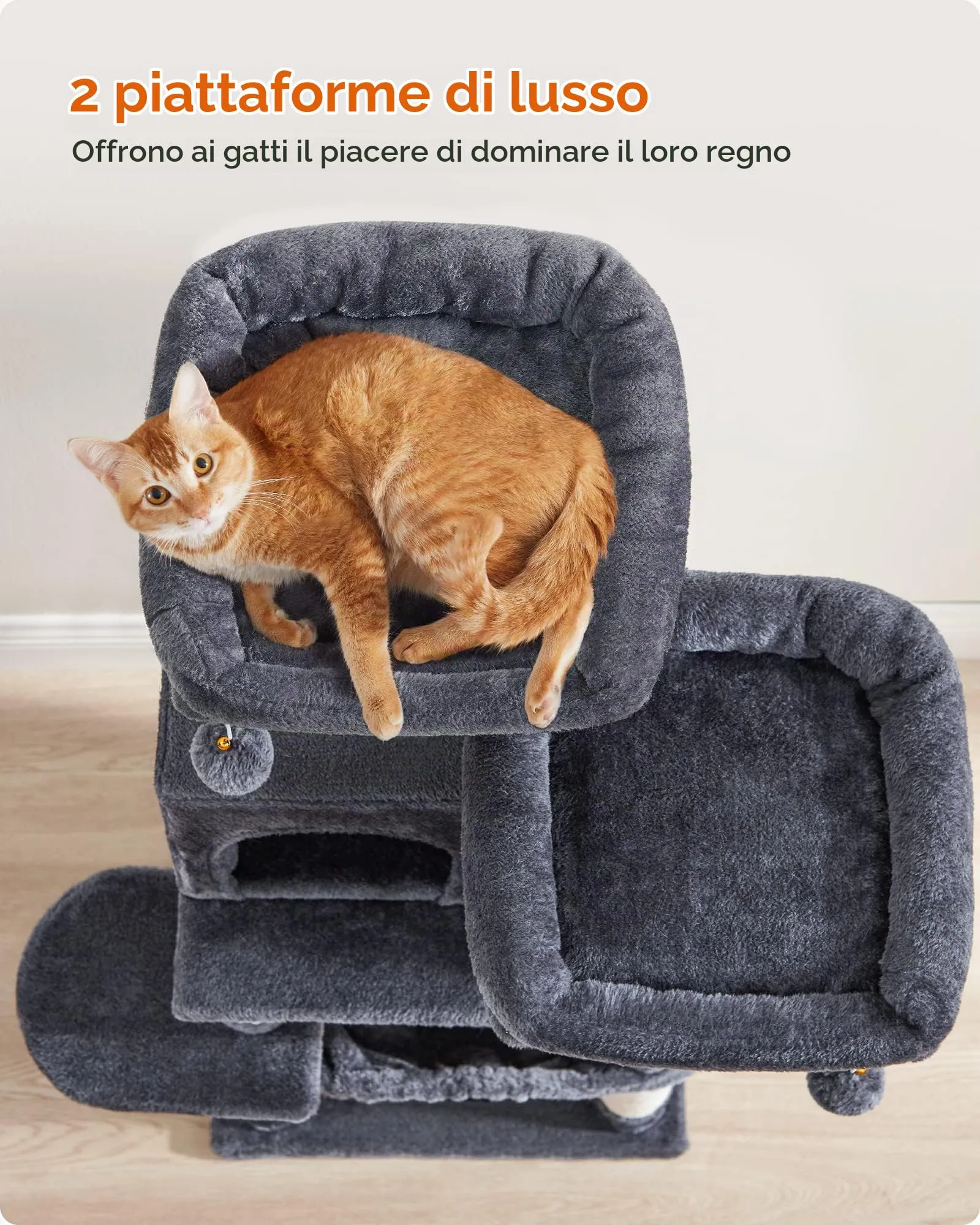 Feandrea Albero per Gatti 112 cm, Tiragraffi con 11 Pali, 2 Posatoi, 1 Grotta, 1 Amaca, Grigio Fumo PCT215G01 - immagine 5
