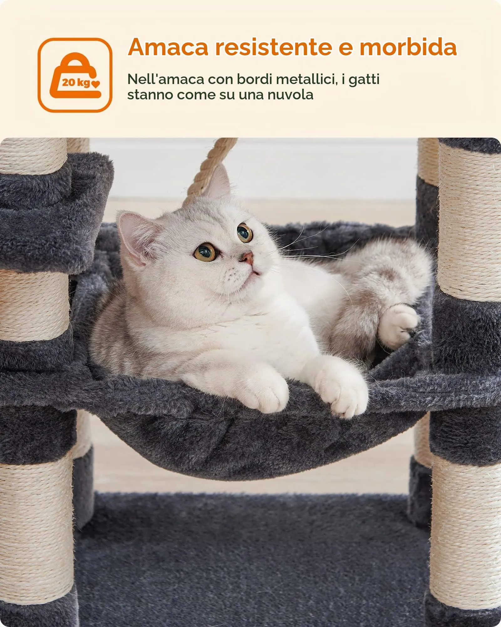 Feandrea Albero per Gatti 112 cm, Tiragraffi con 11 Pali, 2 Posatoi, 1 Grotta, 1 Amaca, Grigio Fumo PCT215G01 - immagine 6