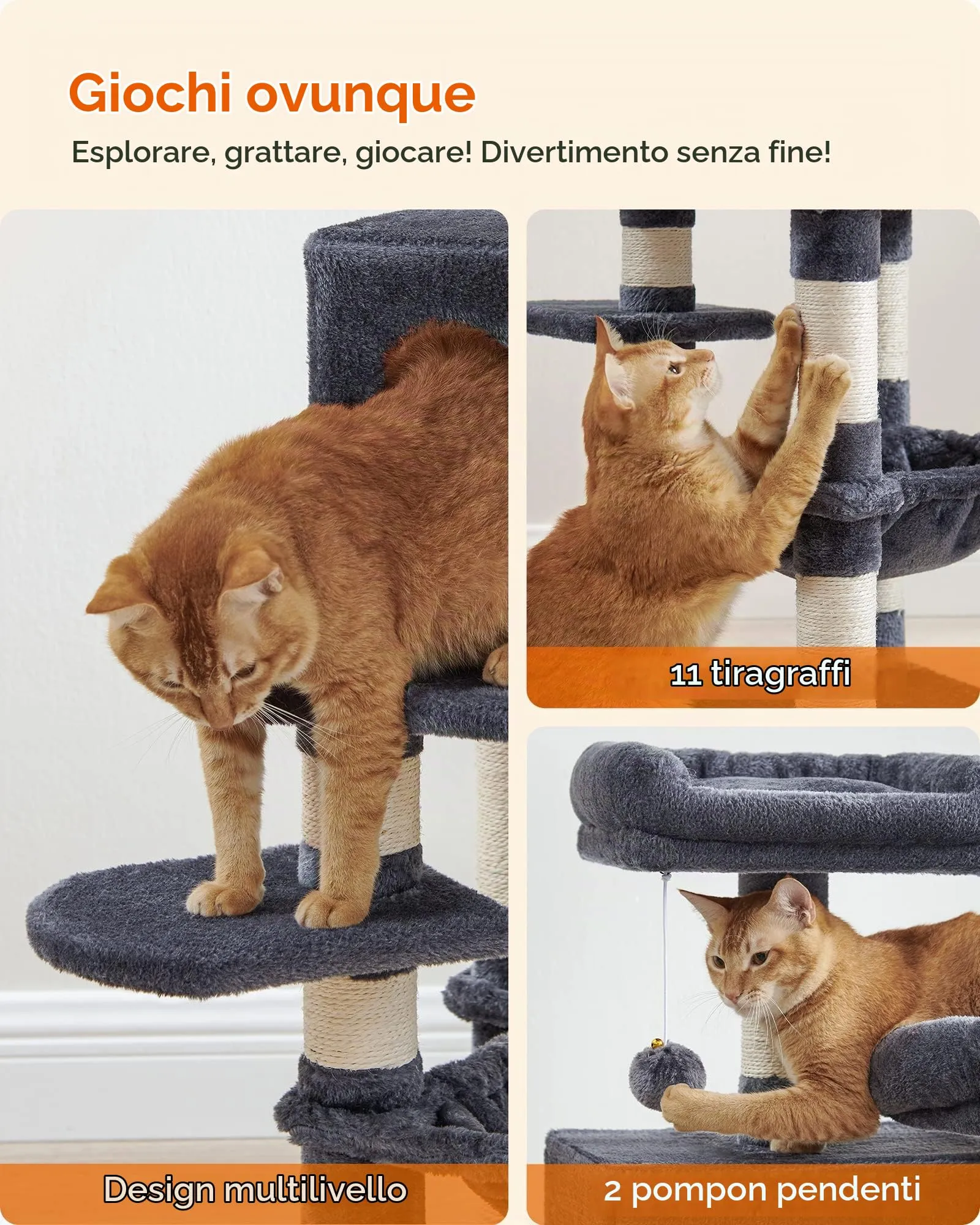 Feandrea Albero per Gatti 112 cm, Tiragraffi con 11 Pali, 2 Posatoi, 1 Grotta, 1 Amaca, Grigio Fumo PCT215G01 - immagine 7