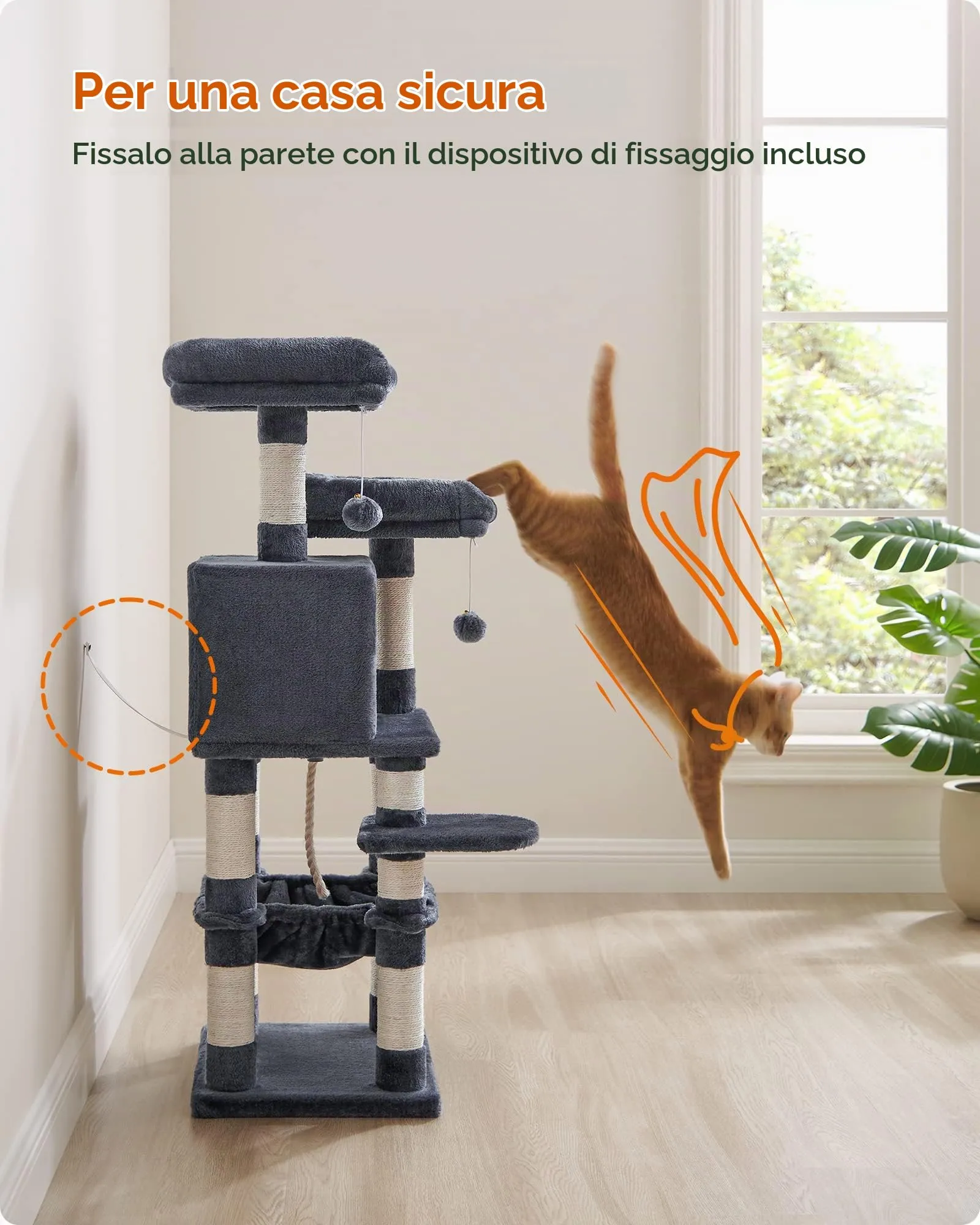 Feandrea Albero per Gatti 112 cm, Tiragraffi con 11 Pali, 2 Posatoi, 1 Grotta, 1 Amaca, Grigio Fumo PCT215G01 - immagine 8