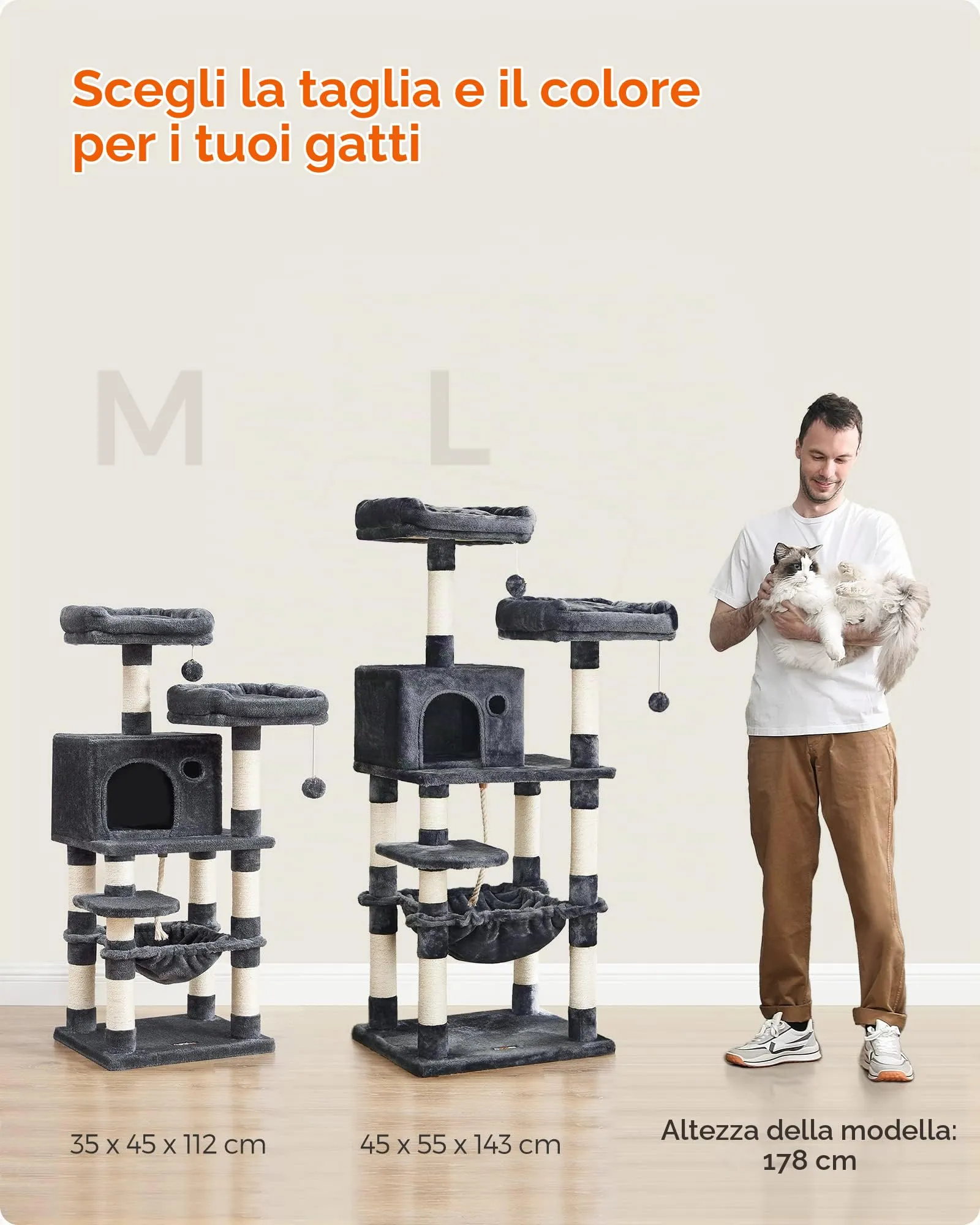 Feandrea Albero per Gatti 112 cm, Tiragraffi con 11 Pali, 2 Posatoi, 1 Grotta, 1 Amaca, Grigio Fumo PCT215G01 - immagine 9