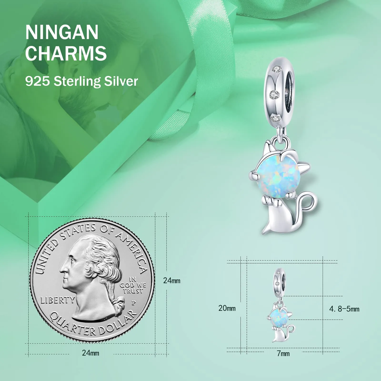 NINGAN Ciondolo a forma di gattino in argento 925 con opale per bracciali da donna - immagine 3