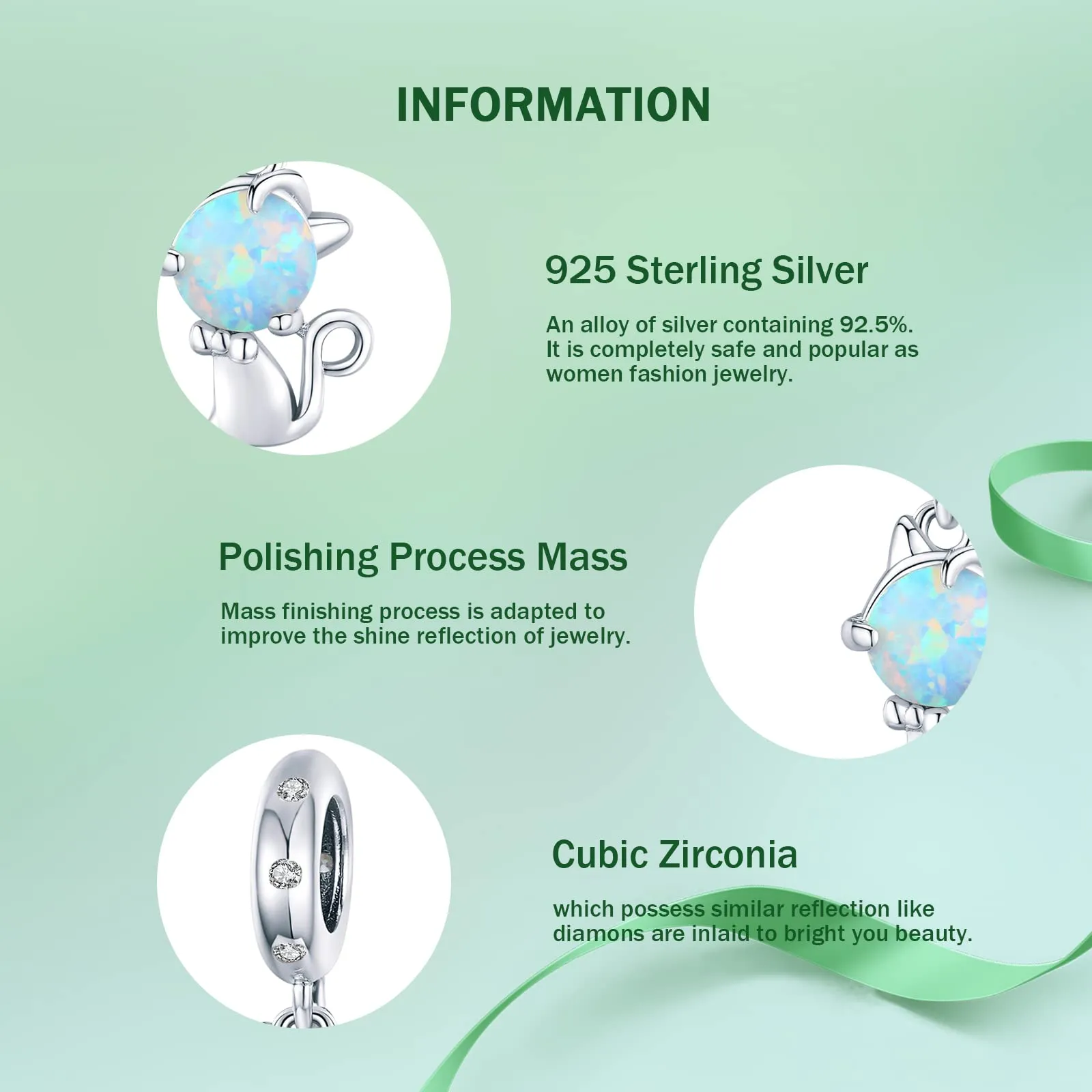 NINGAN Ciondolo a forma di gattino in argento 925 con opale per bracciali da donna - immagine 4