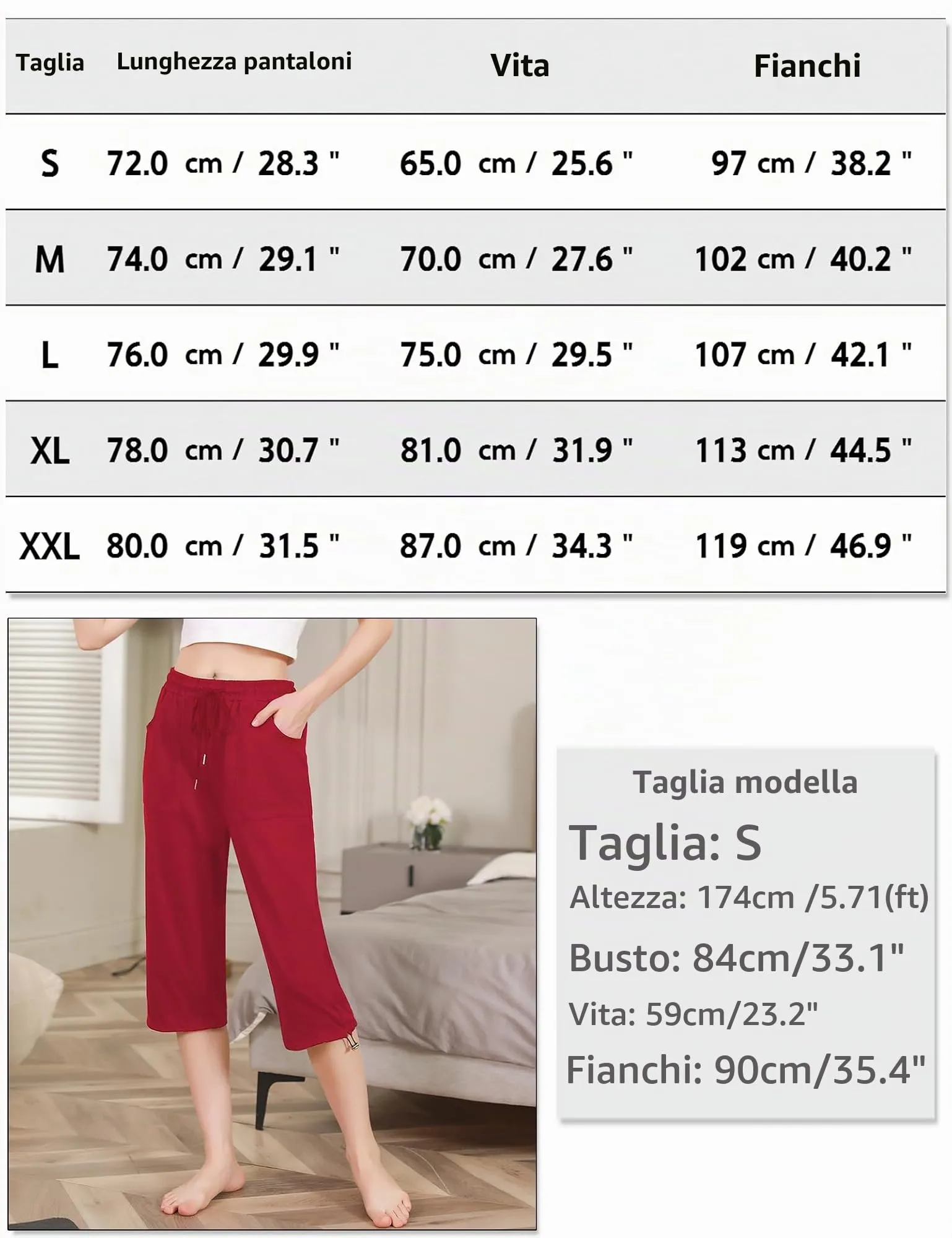 Totatuit Pantaloni Capri Donna Estivi Sportivi 3/4 in Cotone con Tasca, Rosso Intenso, S - immagine 6