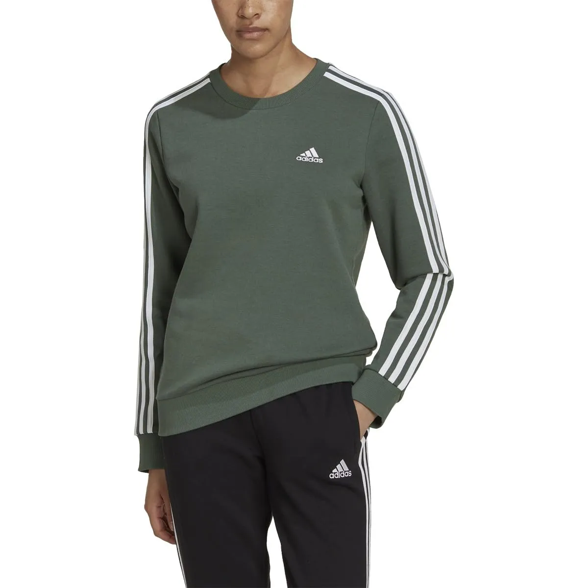 Adidas Felpa Donna Essentials in Pile a 3 Strisce, Verde Ossido/Bianco, L - immagine 1