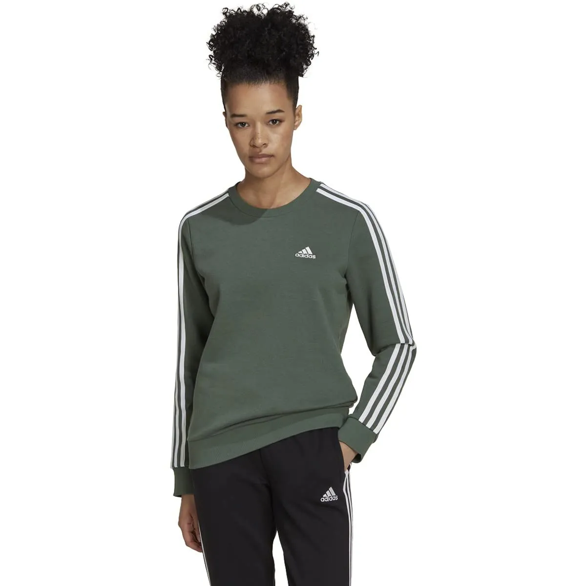 Adidas Felpa Donna Essentials in Pile a 3 Strisce, Verde Ossido/Bianco, L - immagine 3