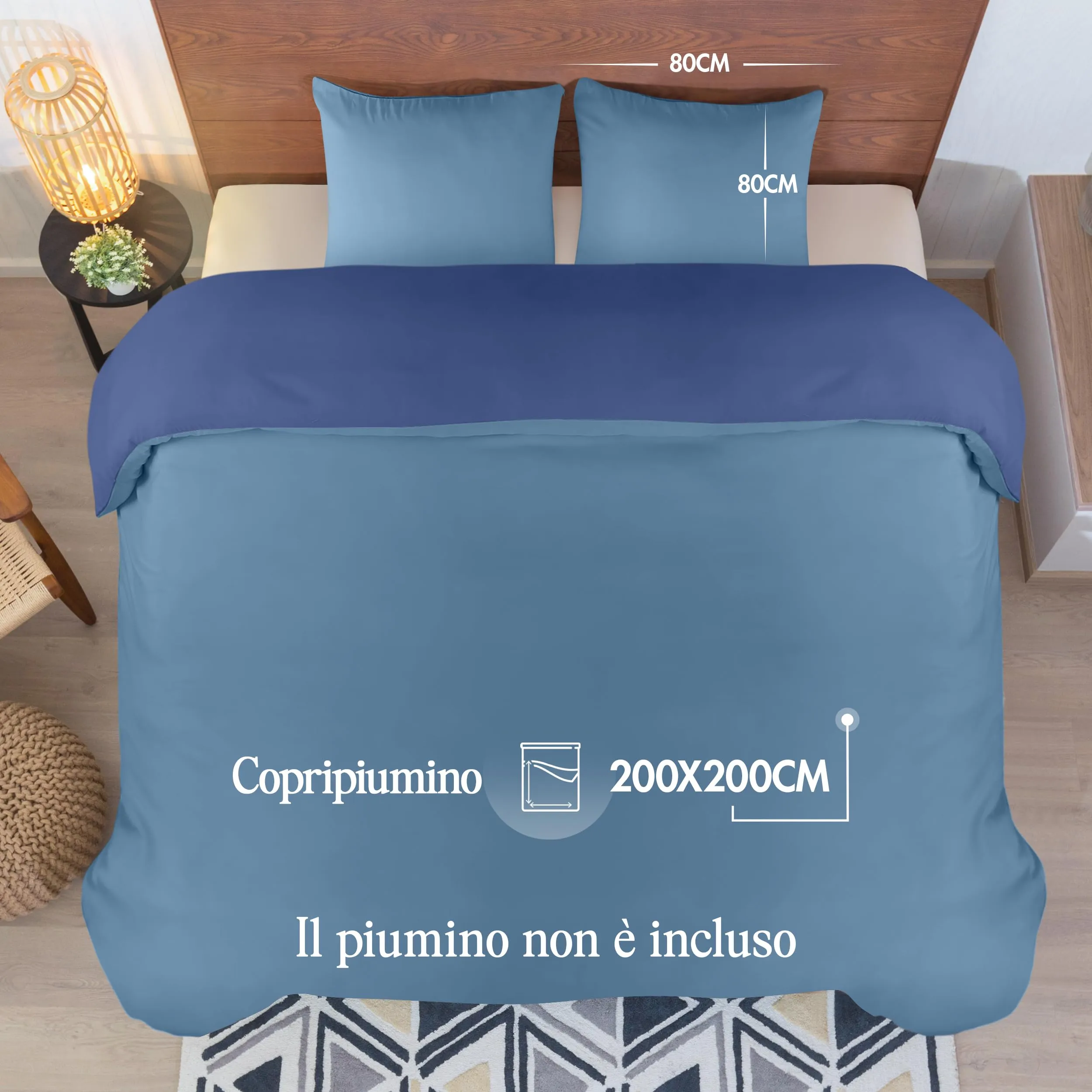 Utopia Bedding Set Copripiumino 200x200 cm e 2 Federe 80x80 cm, Blu Navy/Azzurro - immagine 2