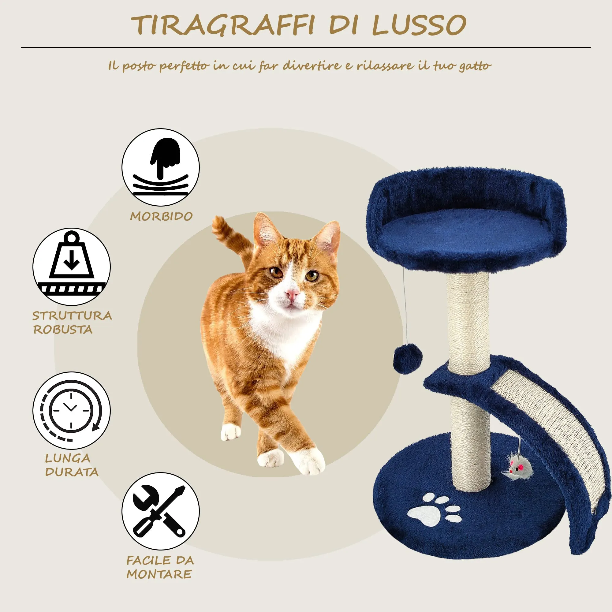Beltom Tiragraffi per Gatti 54 cm con Corda Sisal e Cuccia - Blu - immagine 4
