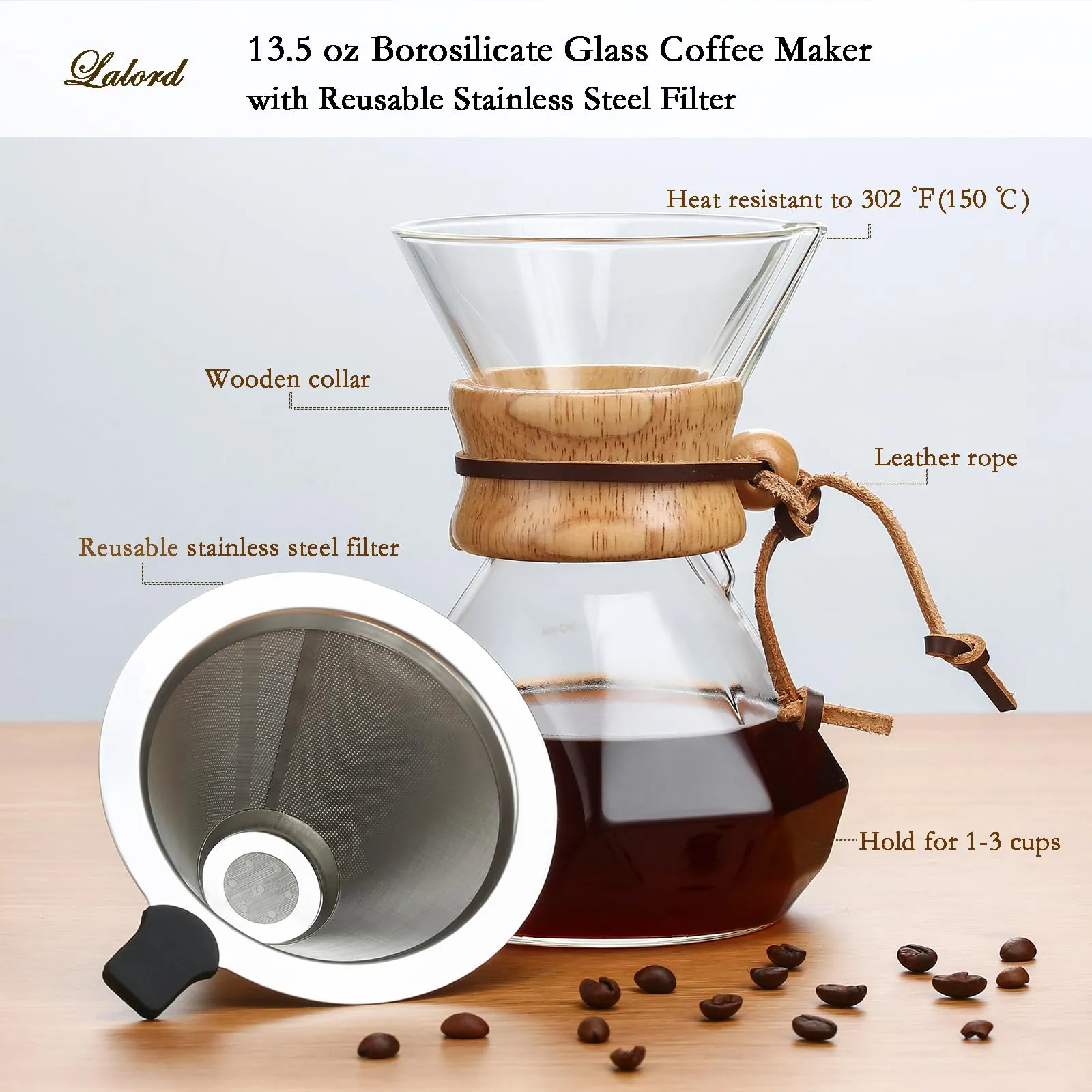 Lalord Caffettiera Pour Over con Filtro Riutilizzabile in Acciaio Inossidabile e Caraffa in Vetro Borosilicato, 400 ml - immagine 2