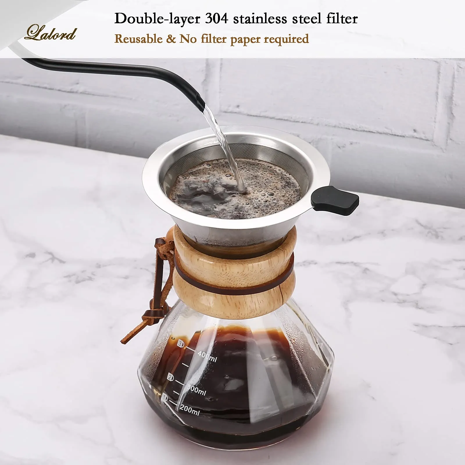 Lalord Caffettiera Pour Over con Filtro Riutilizzabile in Acciaio Inossidabile e Caraffa in Vetro Borosilicato, 400 ml - immagine 3