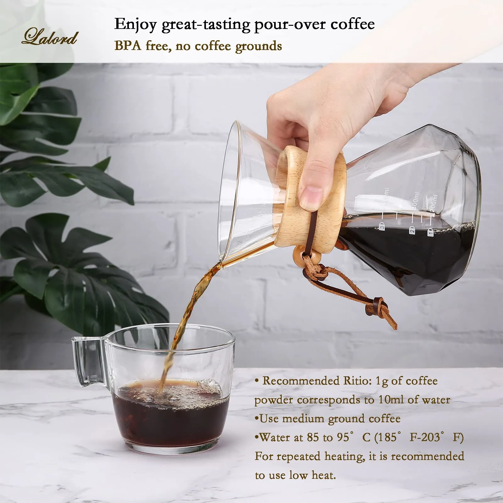Lalord Caffettiera Pour Over con Filtro Riutilizzabile in Acciaio Inossidabile e Caraffa in Vetro Borosilicato, 400 ml - immagine 4