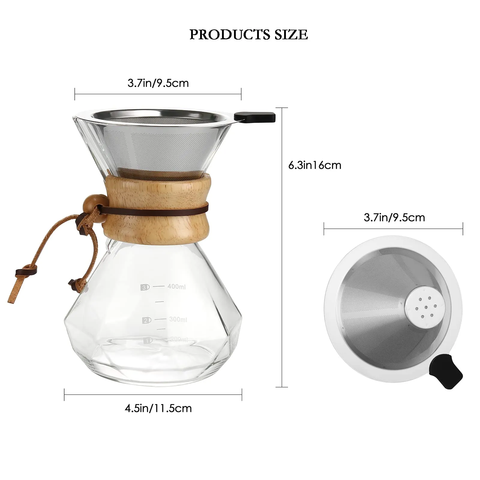 Lalord Caffettiera Pour Over con Filtro Riutilizzabile in Acciaio Inossidabile e Caraffa in Vetro Borosilicato, 400 ml - immagine 5