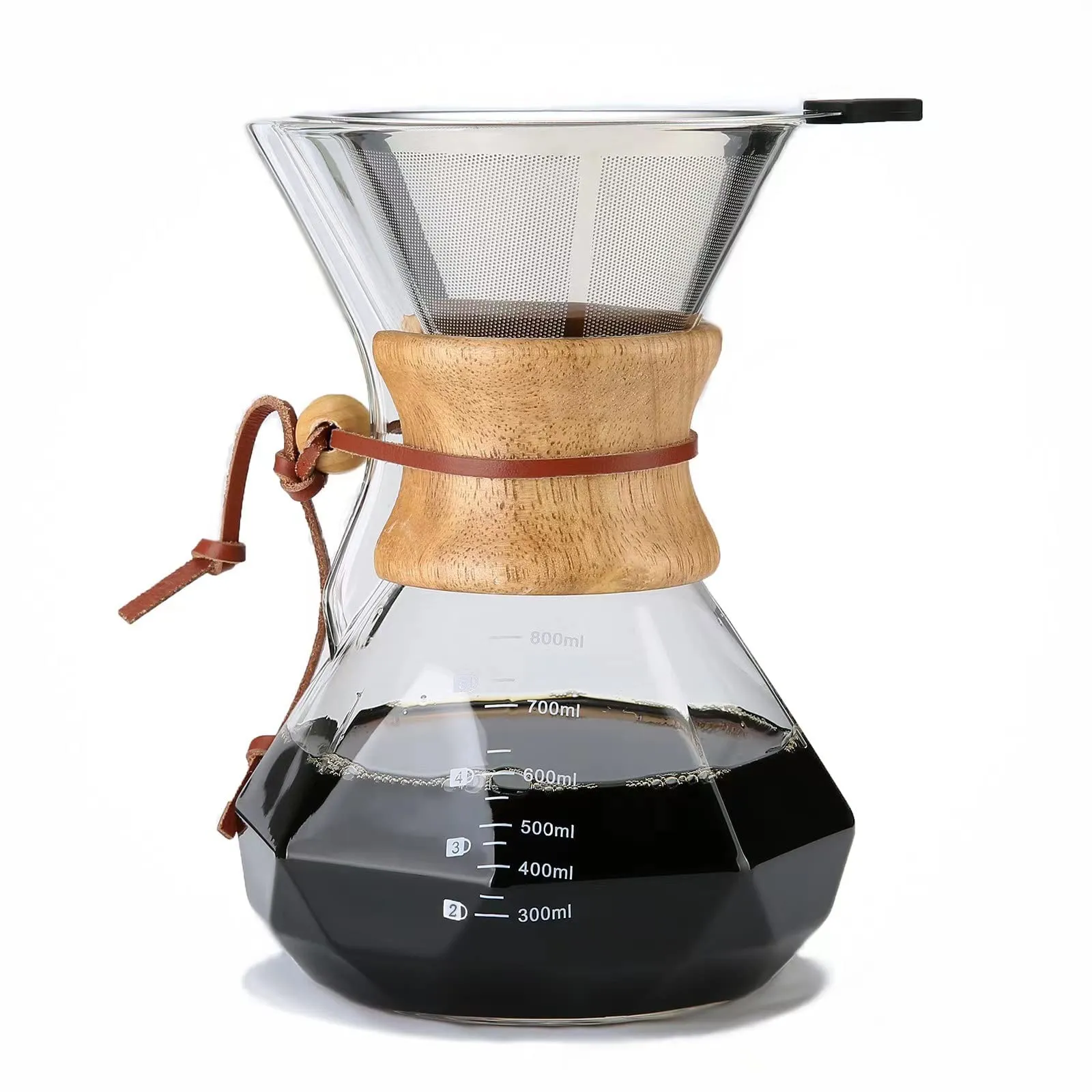 Lalord Caffettiera Pour Over in Vetro Borosilicato 800ml con Filtro in Acciaio Inox e Collare in Legno, 4-6 Tazze - immagine 1
