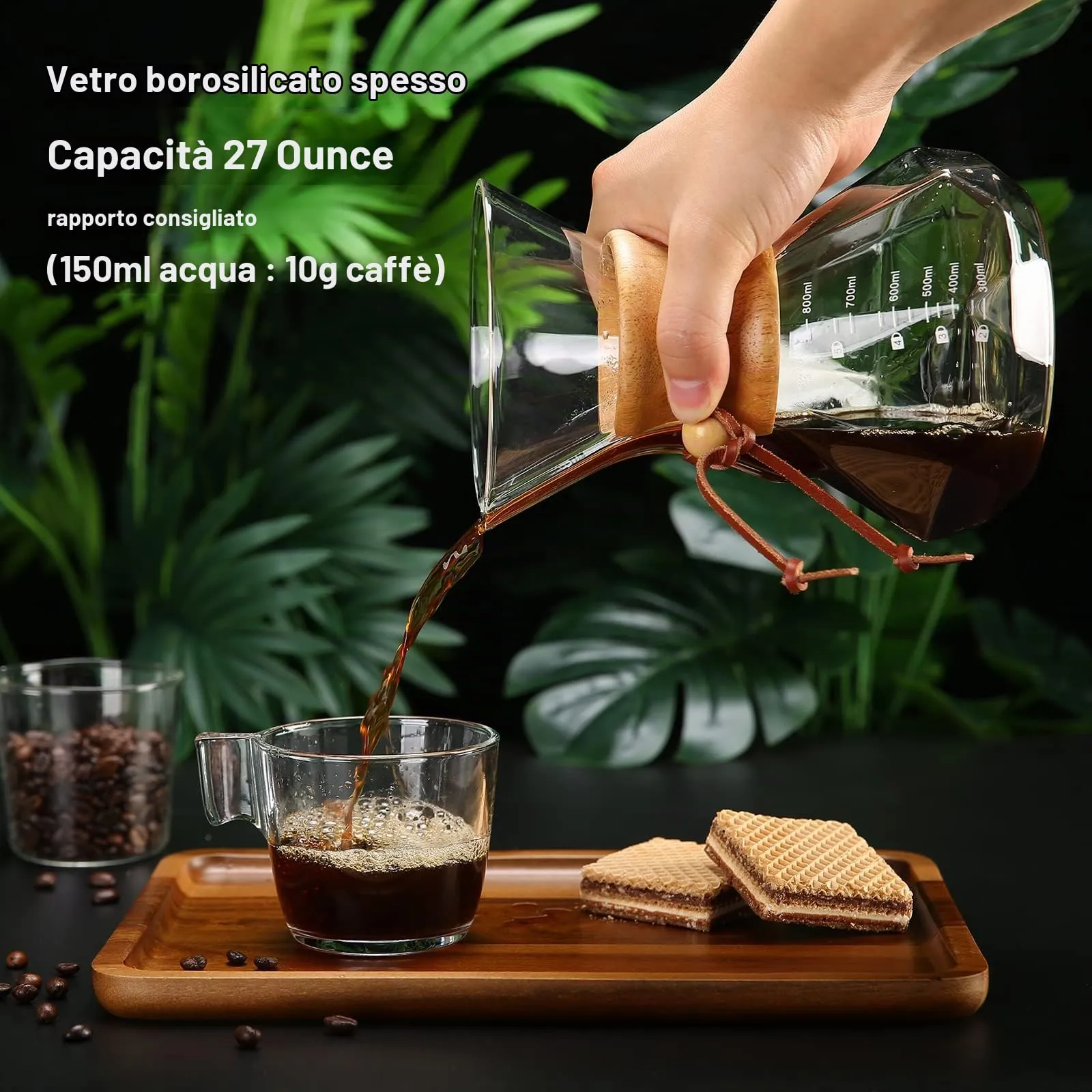 Lalord Caffettiera Pour Over in Vetro Borosilicato 800ml con Filtro in Acciaio Inox e Collare in Legno, 4-6 Tazze - immagine 2
