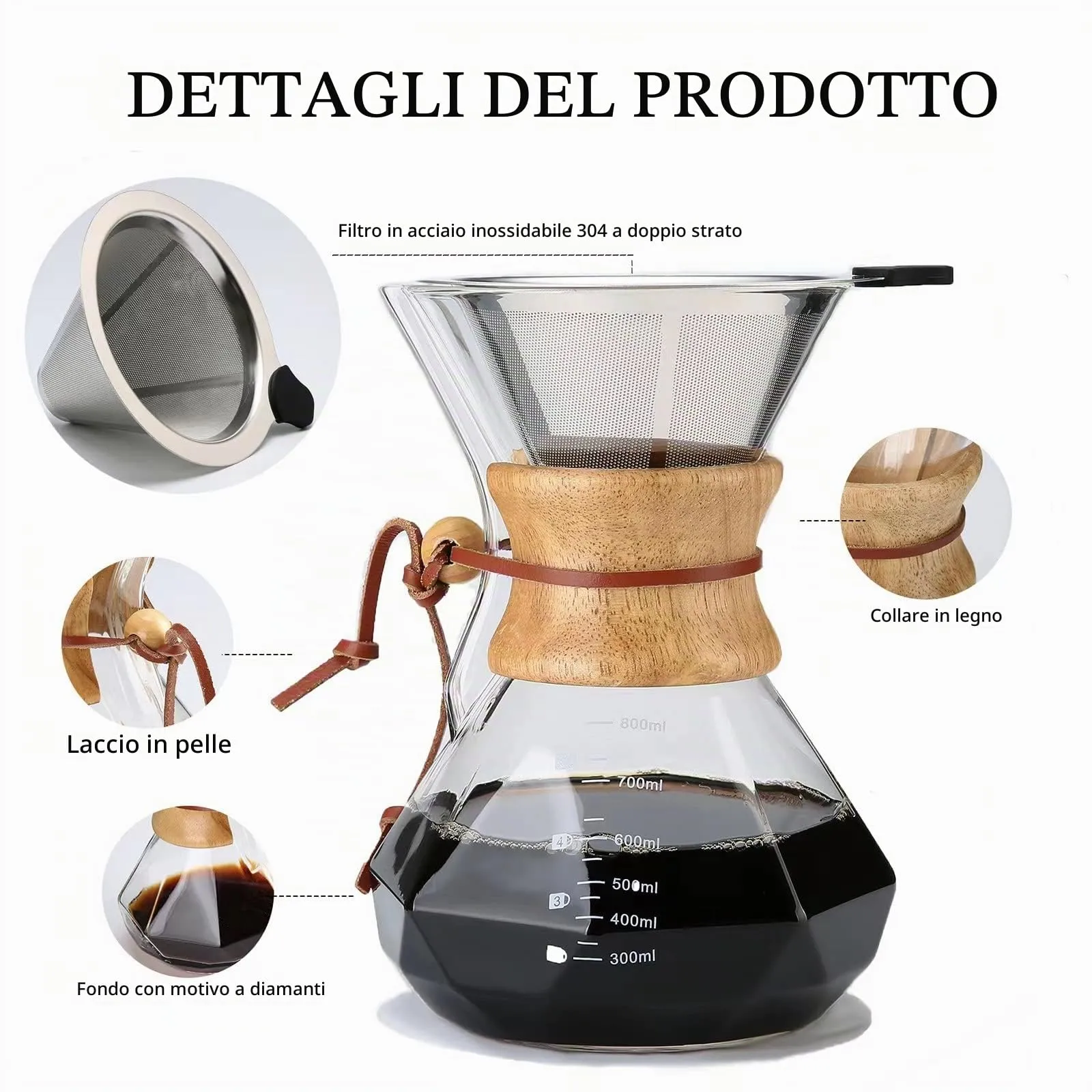 Lalord Caffettiera Pour Over in Vetro Borosilicato 800ml con Filtro in Acciaio Inox e Collare in Legno, 4-6 Tazze - immagine 3