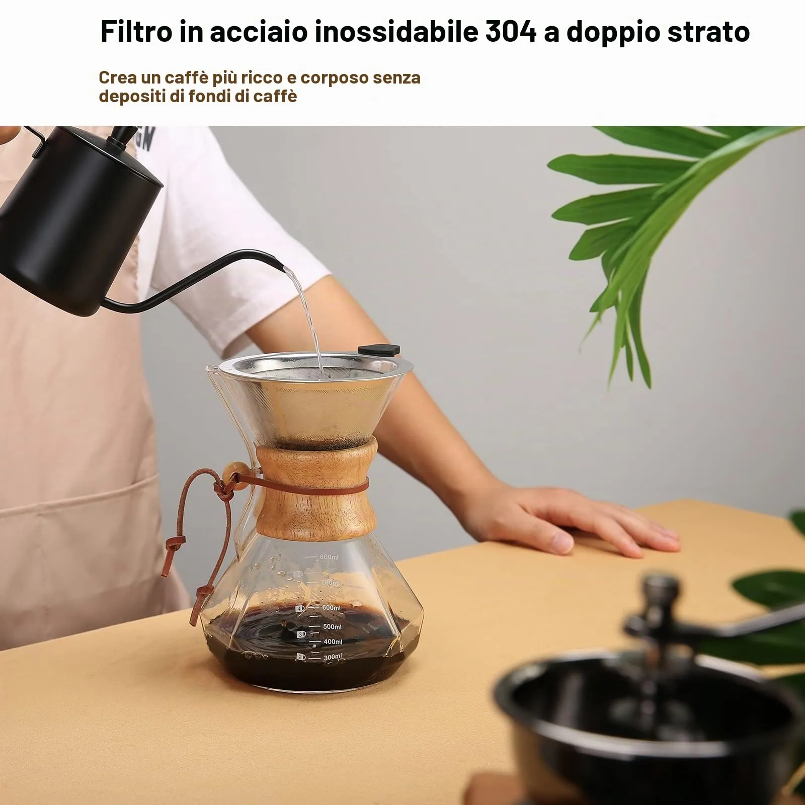 Lalord Caffettiera Pour Over in Vetro Borosilicato 800ml con Filtro in Acciaio Inox e Collare in Legno, 4-6 Tazze - immagine 4