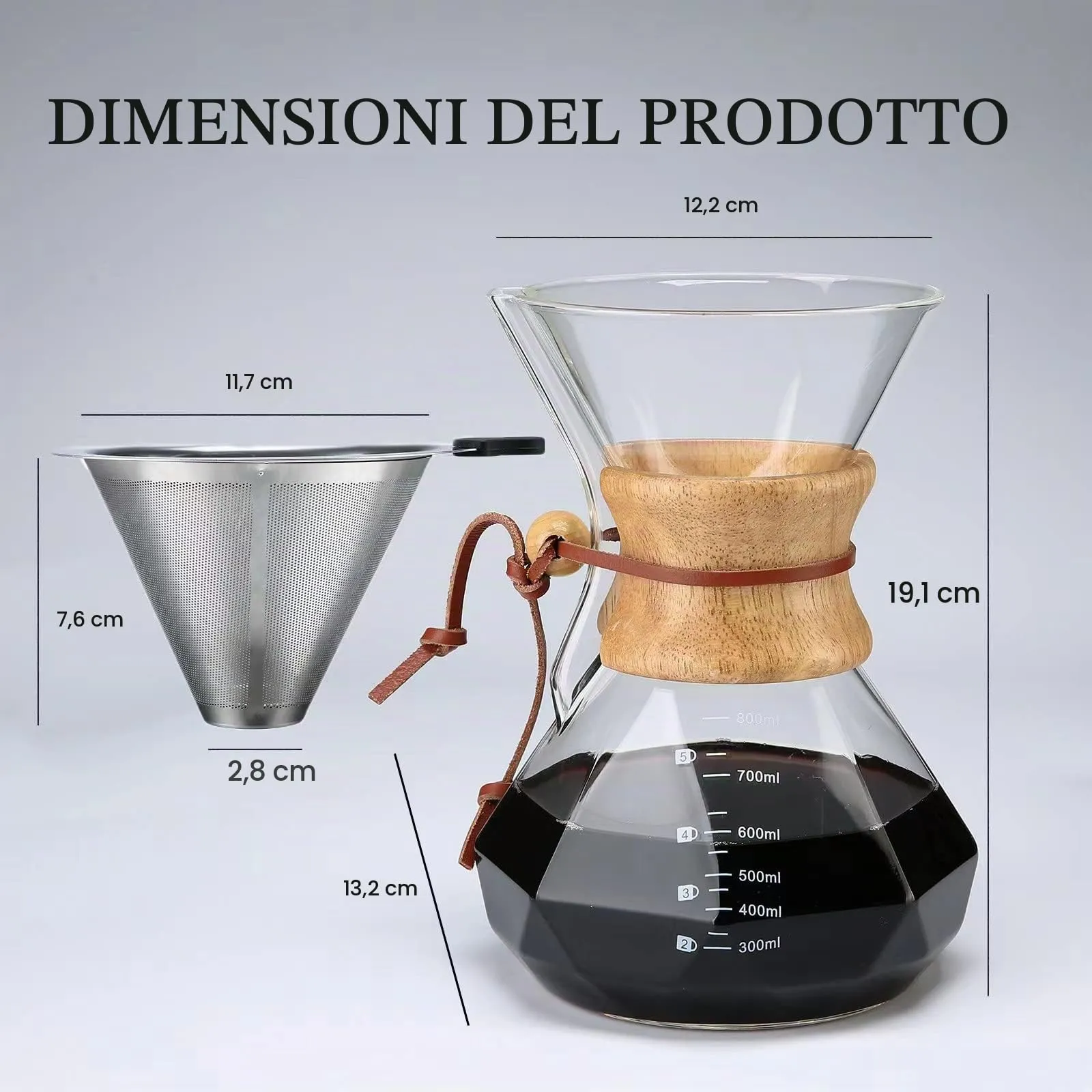 Lalord Caffettiera Pour Over in Vetro Borosilicato 800ml con Filtro in Acciaio Inox e Collare in Legno, 4-6 Tazze - immagine 6
