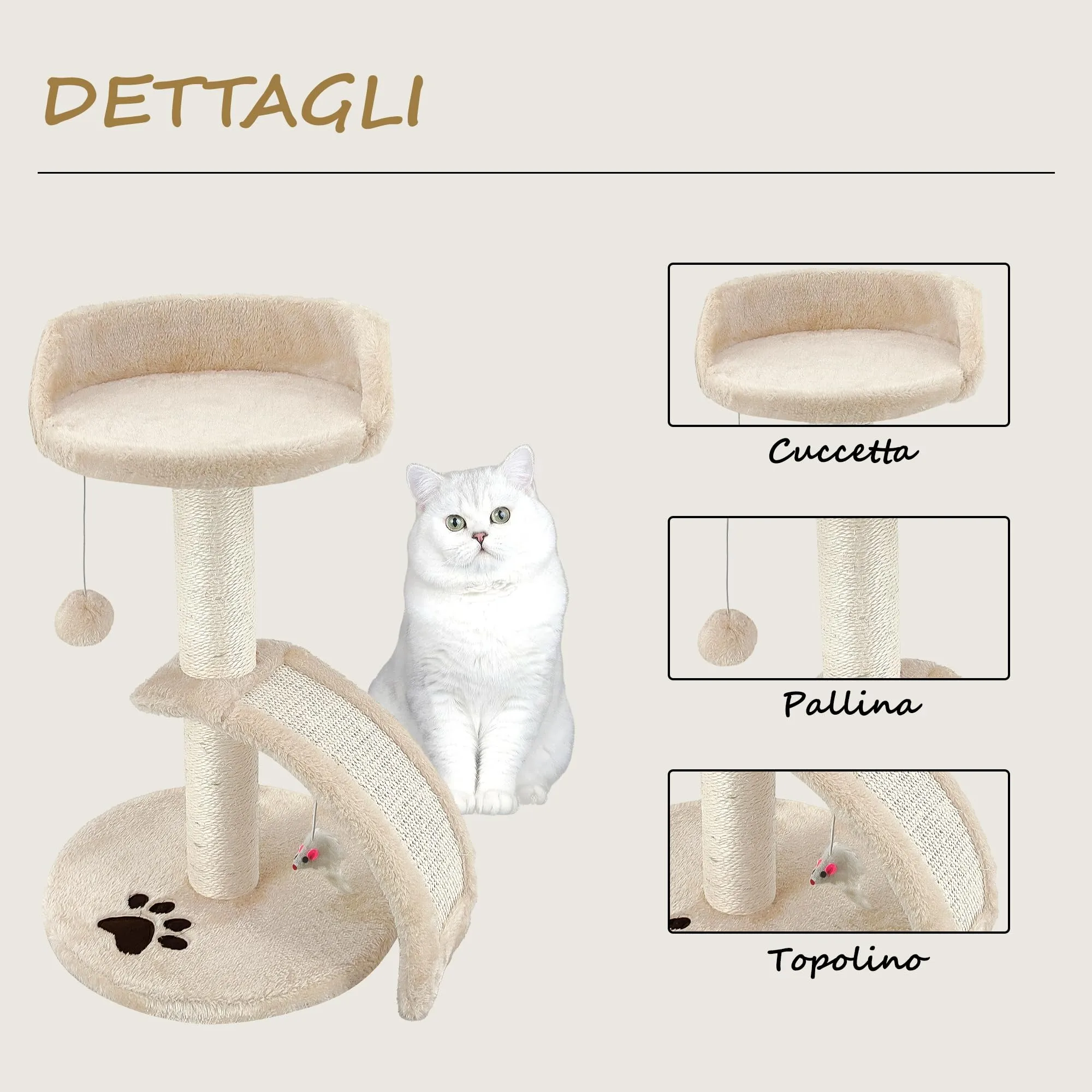 Beltom Tiragraffi per Gatti con Corda Sisal e Cuccia, 54 cm - Beige - immagine 2