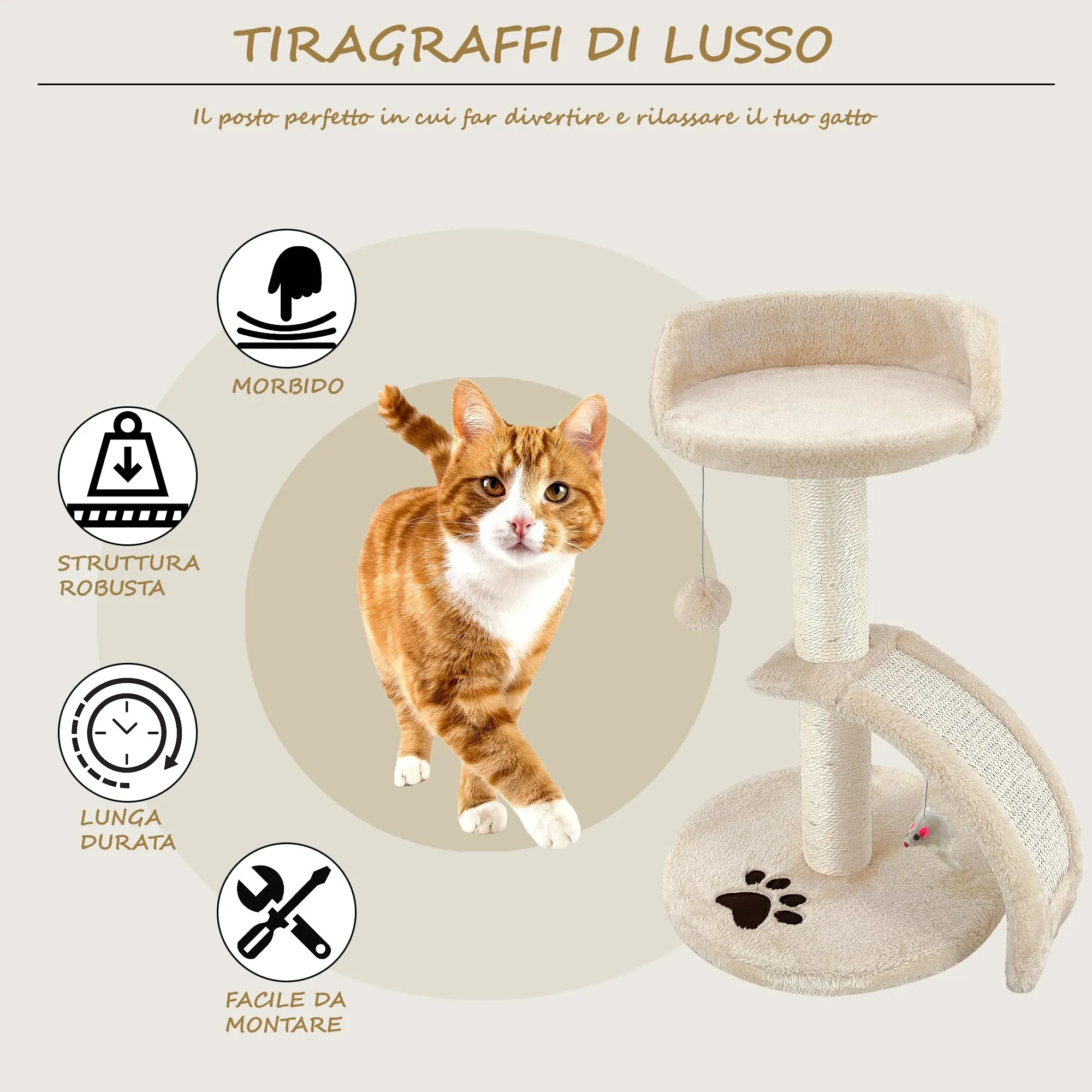 Beltom Tiragraffi per Gatti con Corda Sisal e Cuccia, 54 cm - Beige - immagine 3