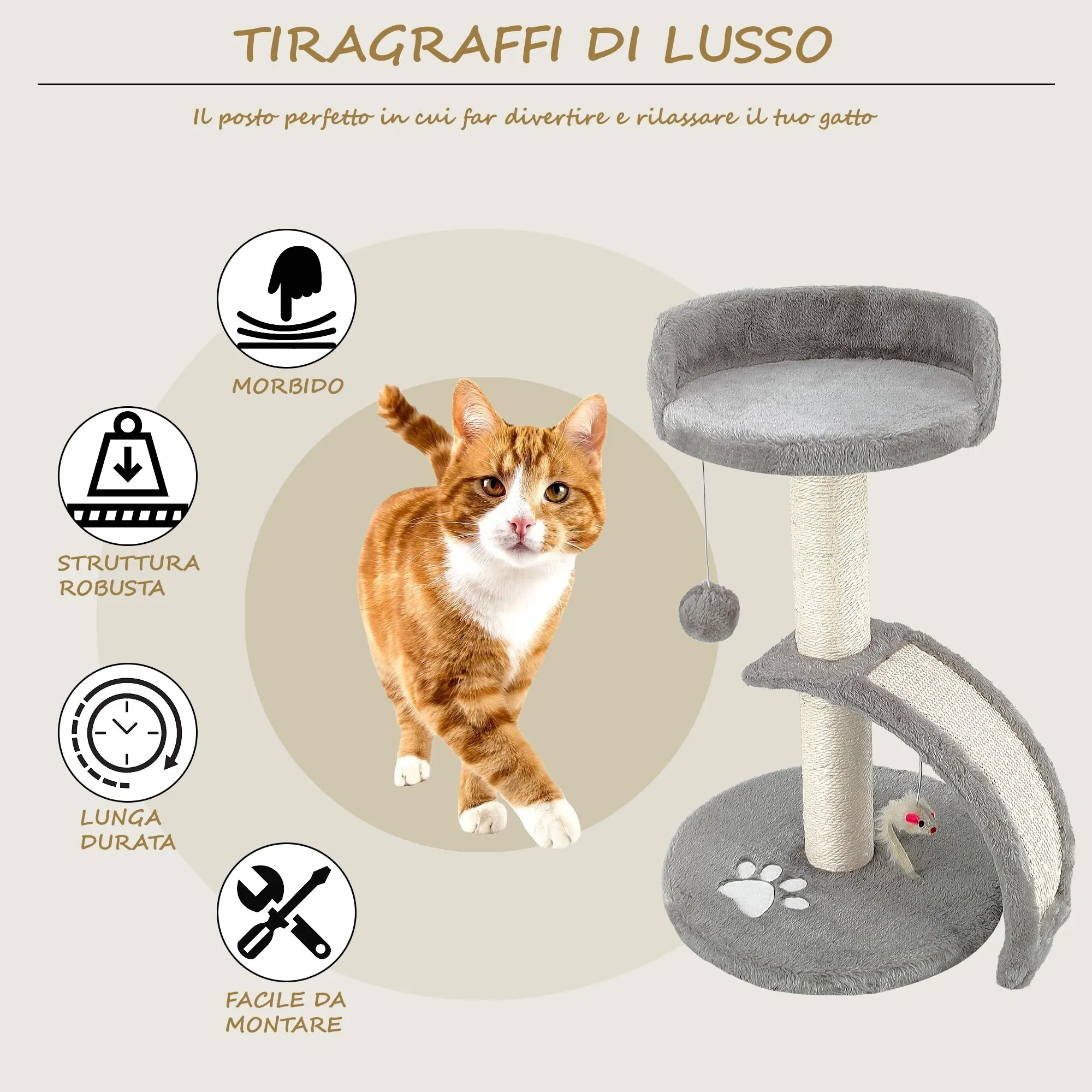 Beltom Tiragraffi per Gatti con Corda Sisal e Cuccia, 54 cm - Grigio - immagine 3