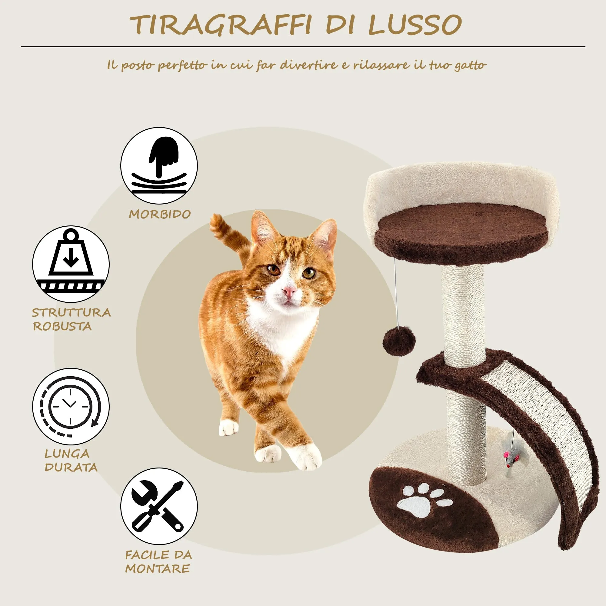 Beltom Tiragraffi per Gatti 54 cm con Corda Sisal e Cuccia, Marrone-Beige - immagine 3