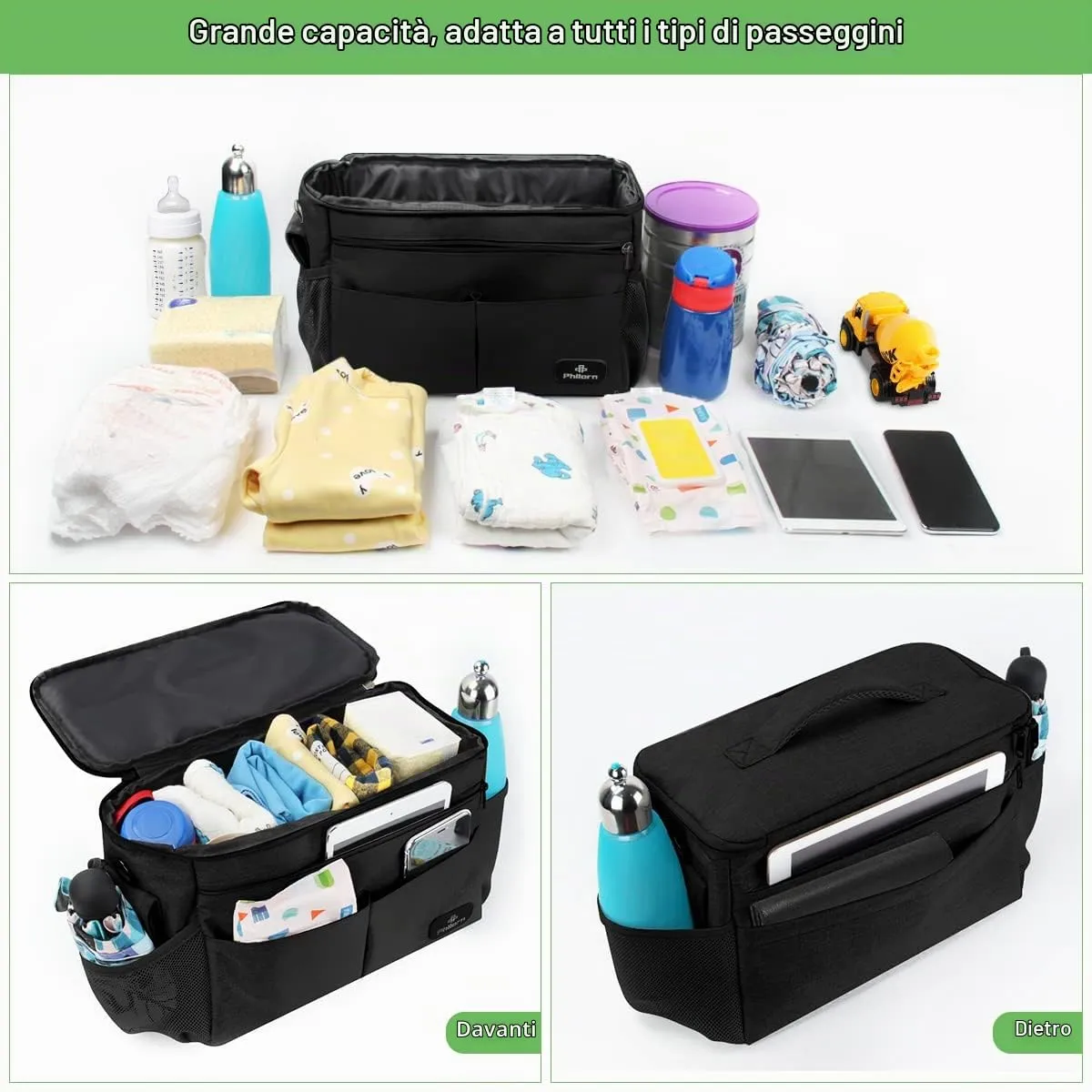 PHILORN Organizer per Passeggino con Portabevande Isolato e Tracolla, Nero - immagine 2