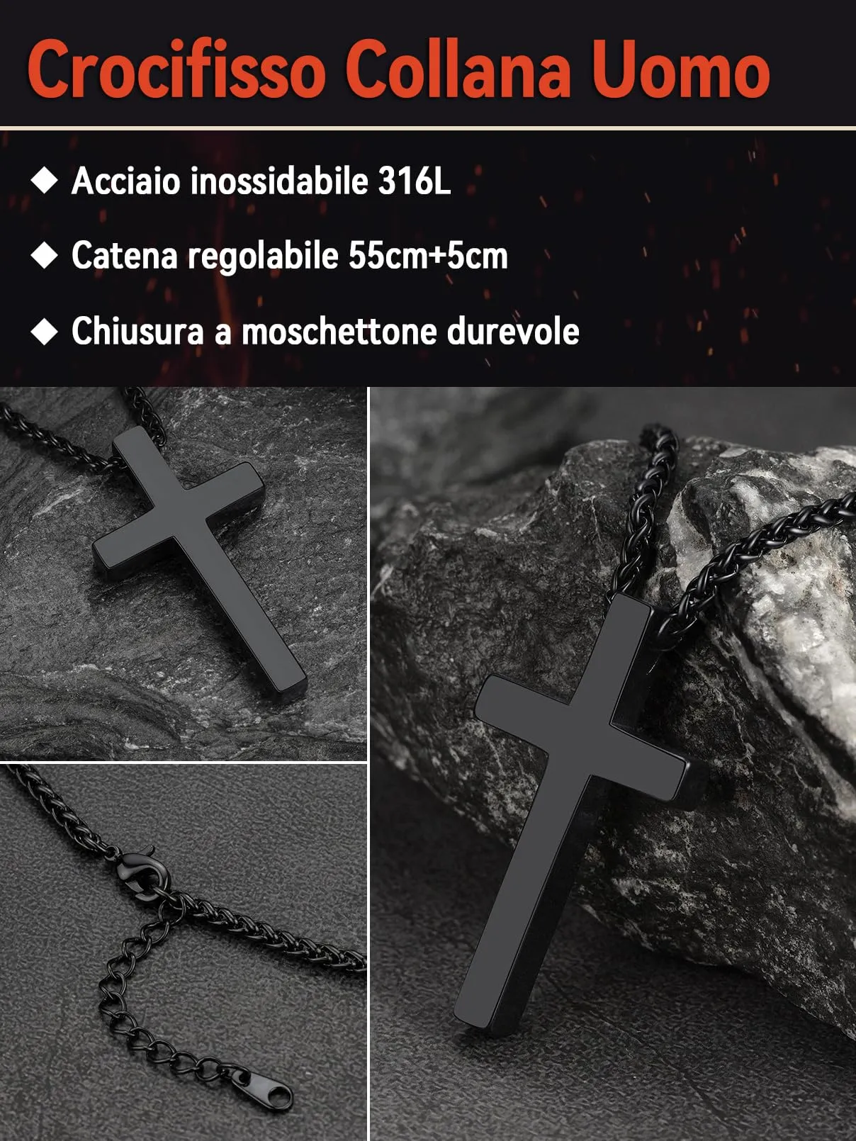 FaithHeart Collana Croce Uomo, 50mm, Nero - immagine 3
