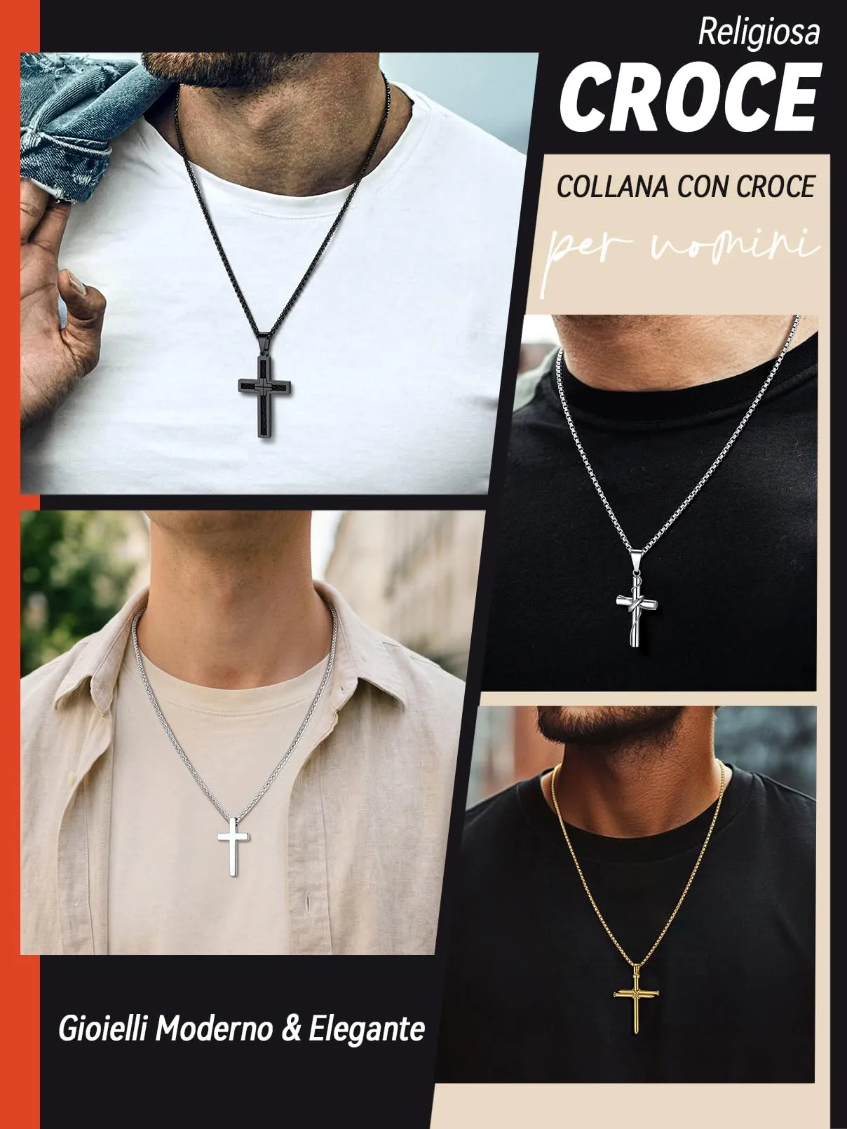 FaithHeart Collana Croce Uomo, 50mm, Nero - immagine 8